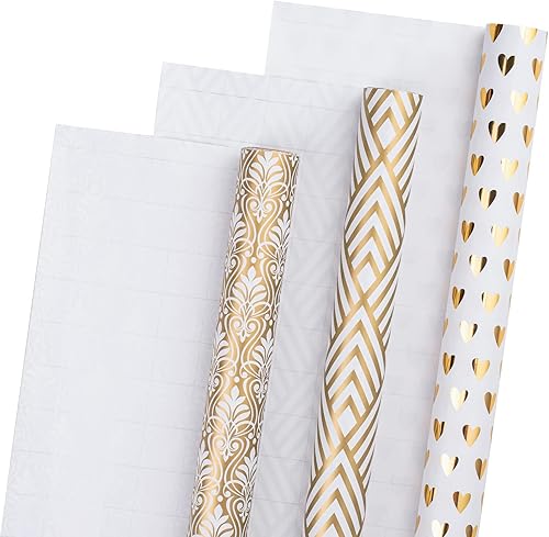 Miniatura 6 de LeZakaa Rollo de papel de regalo dorado, mini rollo, patrones geométricos, floralcorazón para boda, despedida de soltera, cumpleaños, 17 x 120