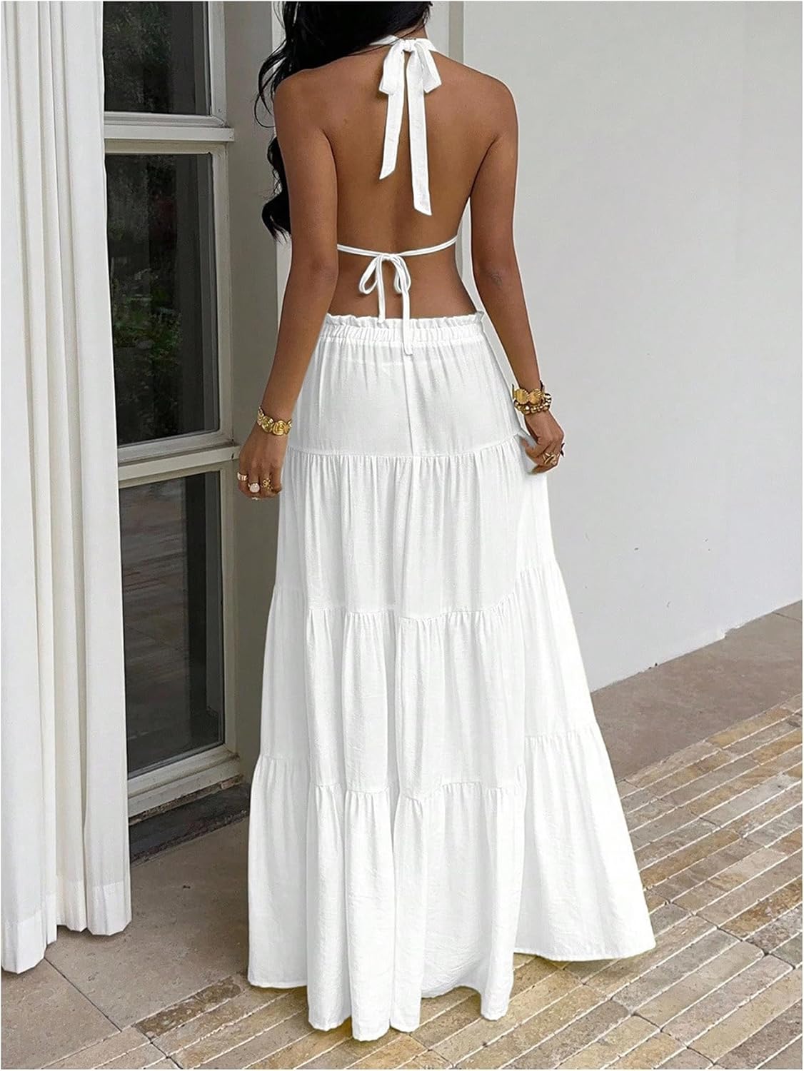 Verdusa Women's 2 Piece Outfit Deep V Neck Halter Backless Crop Tops with Maxi Skirts Brunch Outfits - Image 2