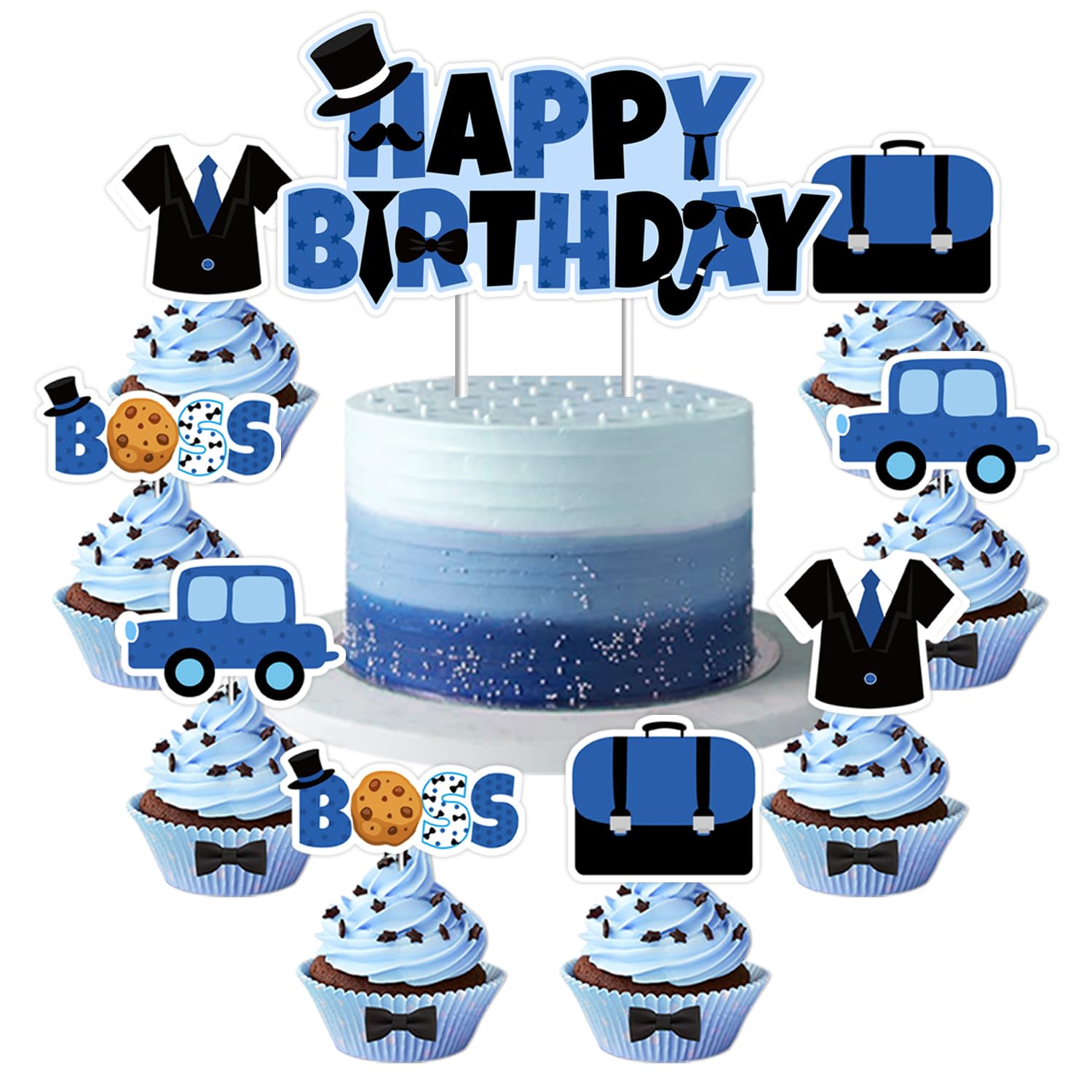 Boss Theme Cake Topper Blue Black Happy Birthday Boss Cake Toppers Boss Boy Baby Cupcake Toppers Boss Day Cake Decorations for Boys Baby Shower Gender