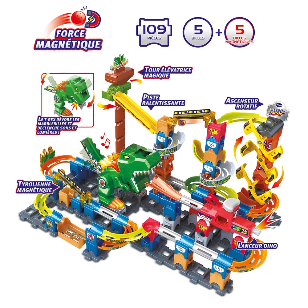 VTech - Marble Rush, Circuit à Billes Électronique Dino Adventure Magnetic Set XL400E, Jeu de Construction Magnétique Dinosaure, 100 Pièces, 10 Billes, Cadeau Enfant Dès 4 Ans - Contenu en Français