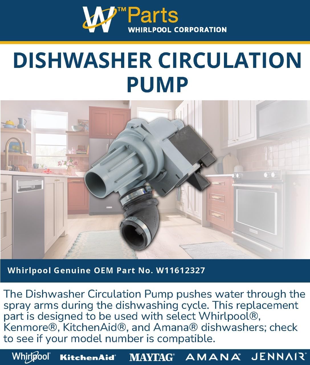 Whirlpool W11612327 Genuine OEM Dishwasher Circulation Pump Replacement Part - Replaces W10805387, W11024423, and W11521436