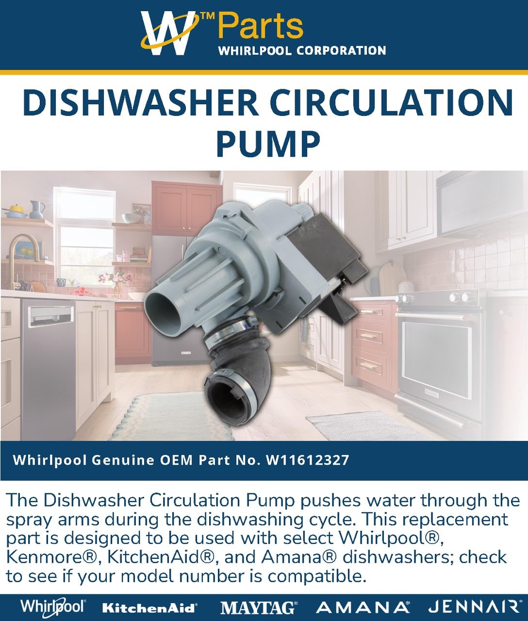 Whirlpool W11612327 OEM - Bomba de circulación para lavavajillas