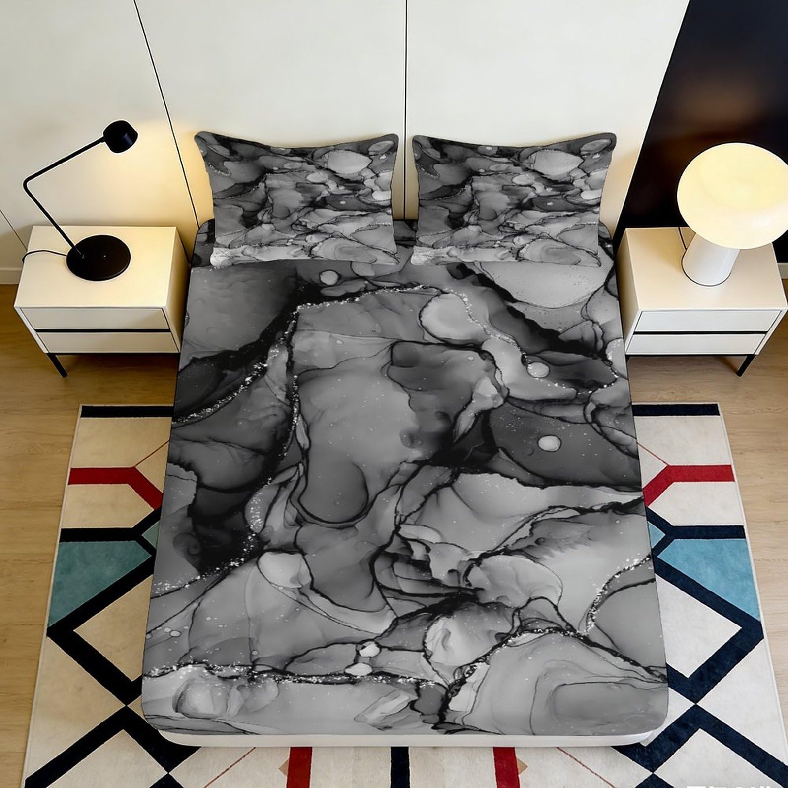 3D Printed Black Marble Fitted Sheet Microfiber Soft Modern Ink Stone Mattress Cover for Bedroom Guest Room Decor 180x200x25cm