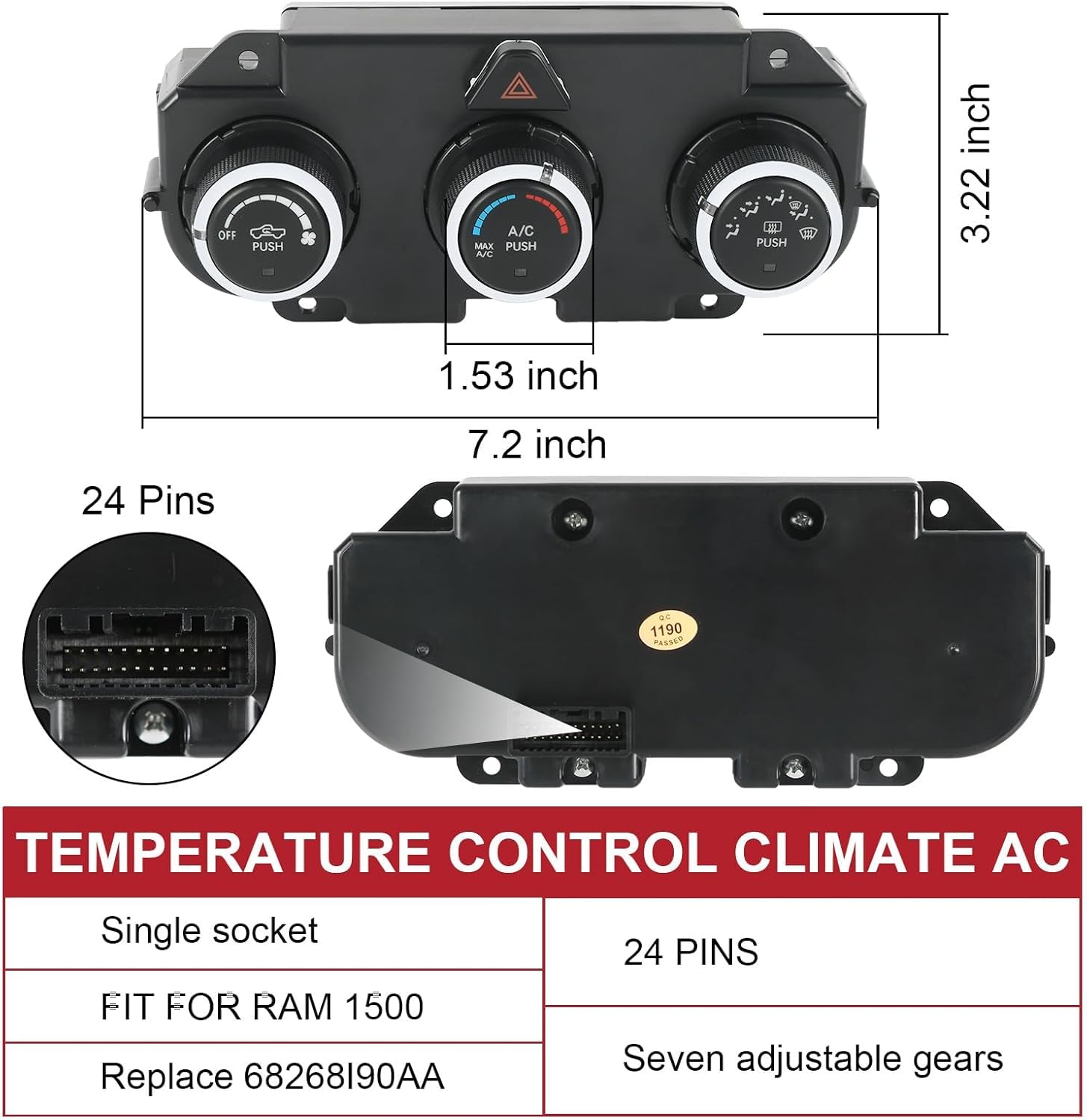 Temperature Control Climate AC Heat Control 7 speeds Compatible with Dodge Ram 1500 2500 2014-2018/1500 Classic 2019-2024 Replaces 68186217AD,68268190AA,68239170AA, 68236776AB, 68239170AB