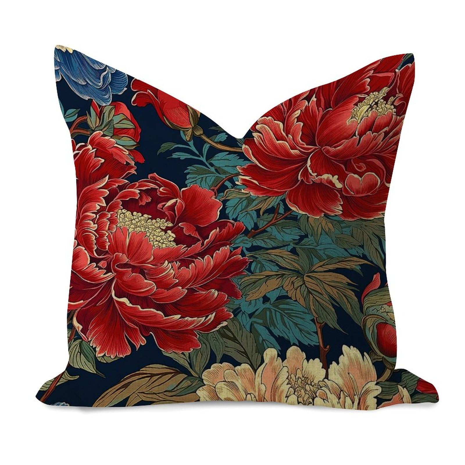 WSDESDEC Solid Throw Pillow Covers 24x24in Chinoiserie Red Peony Floral Elegant Pillow Case Accent Robin's Egg Peony Floral Holiday Decor Square Linen Throw Cushion Case for Car Chair Outside