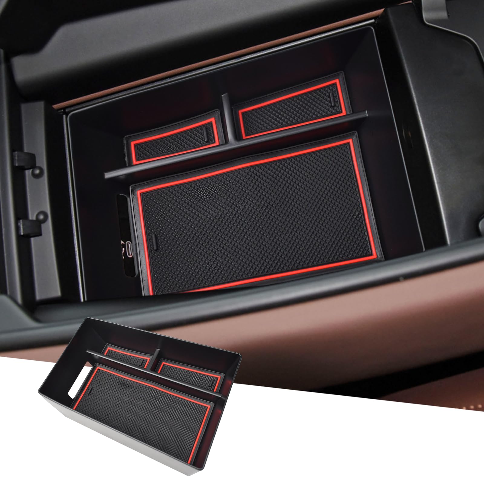 Center Console Organizer Compatible with BMW X5 G05/ X7 G07 2019-2024 2025 2026, X6 G06 2020-2025 2026 Accessories, Armrest Storage Box Middle Console Insert Tray Secondary Compartment, Red Mat