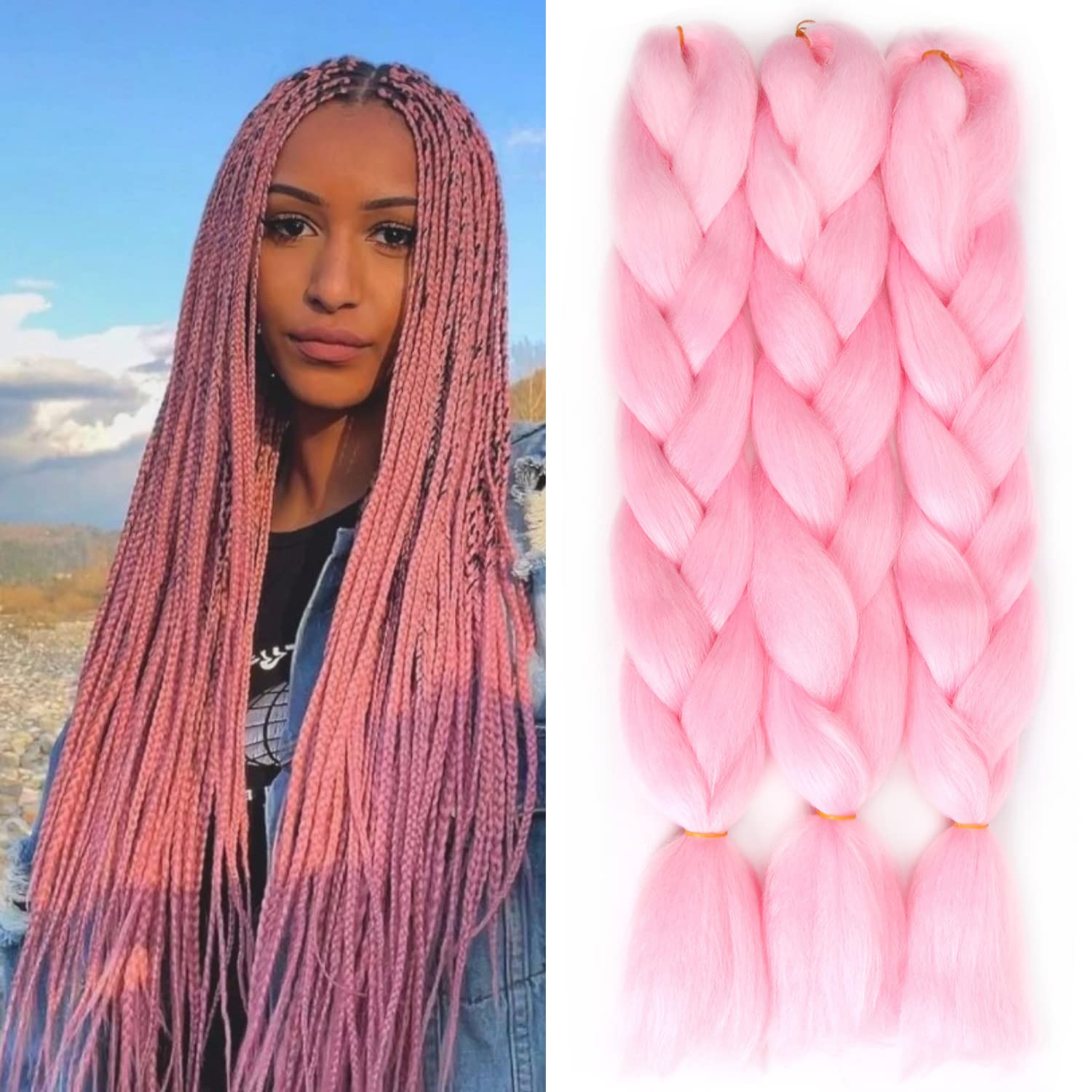 Premium-Haarverlängerung, Kunstfaser, Jumbo-Zöpfe für Box-Zöpfe, Häkelhaar, einfarbig, für Damen, 61 cm, 100 g/Bündel (3 Bündel/Packung, Rosa)
