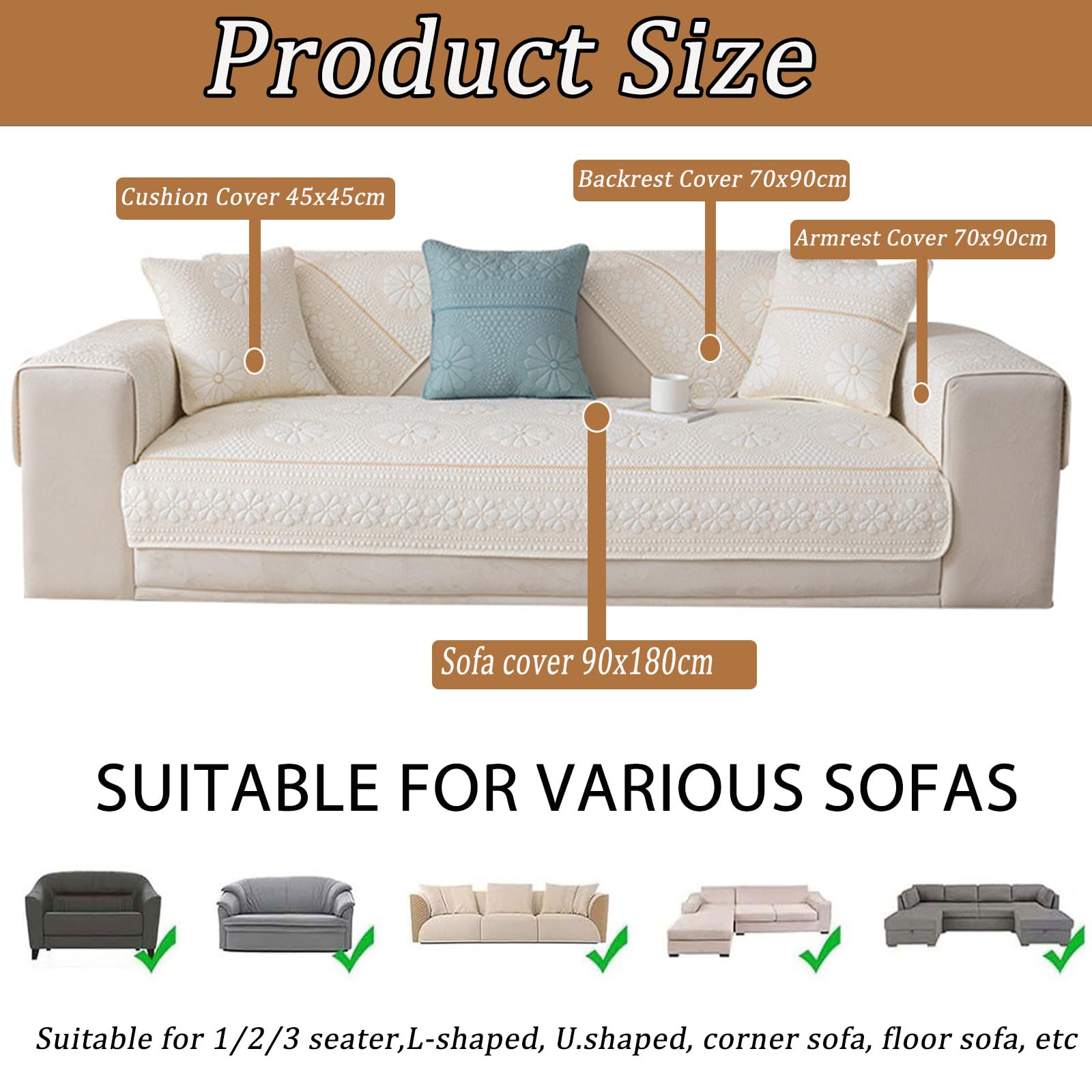 Copertura per Divano in Cotone Trapuntato, Modello Margherita, Stile Rustico, Antiscivolo, Morbida, Lavabile, Protezione per Divano da Cani e Animali Domestici Beige 110x210cm/43.31x82.68in