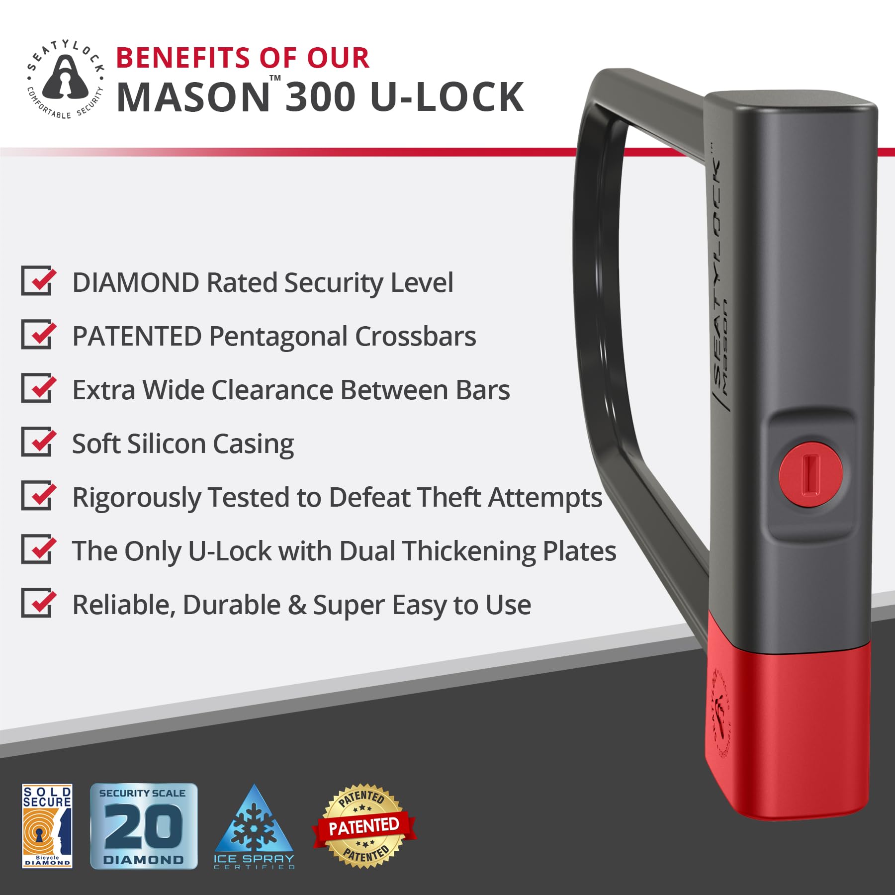 SeatyLock Mason Bike U Lock – Lucchetto antifurto per bicicletta brevettato – Super Wide Safety Master Tool ULock con chiavi per bici elettriche, scooter e moto (30 cm)