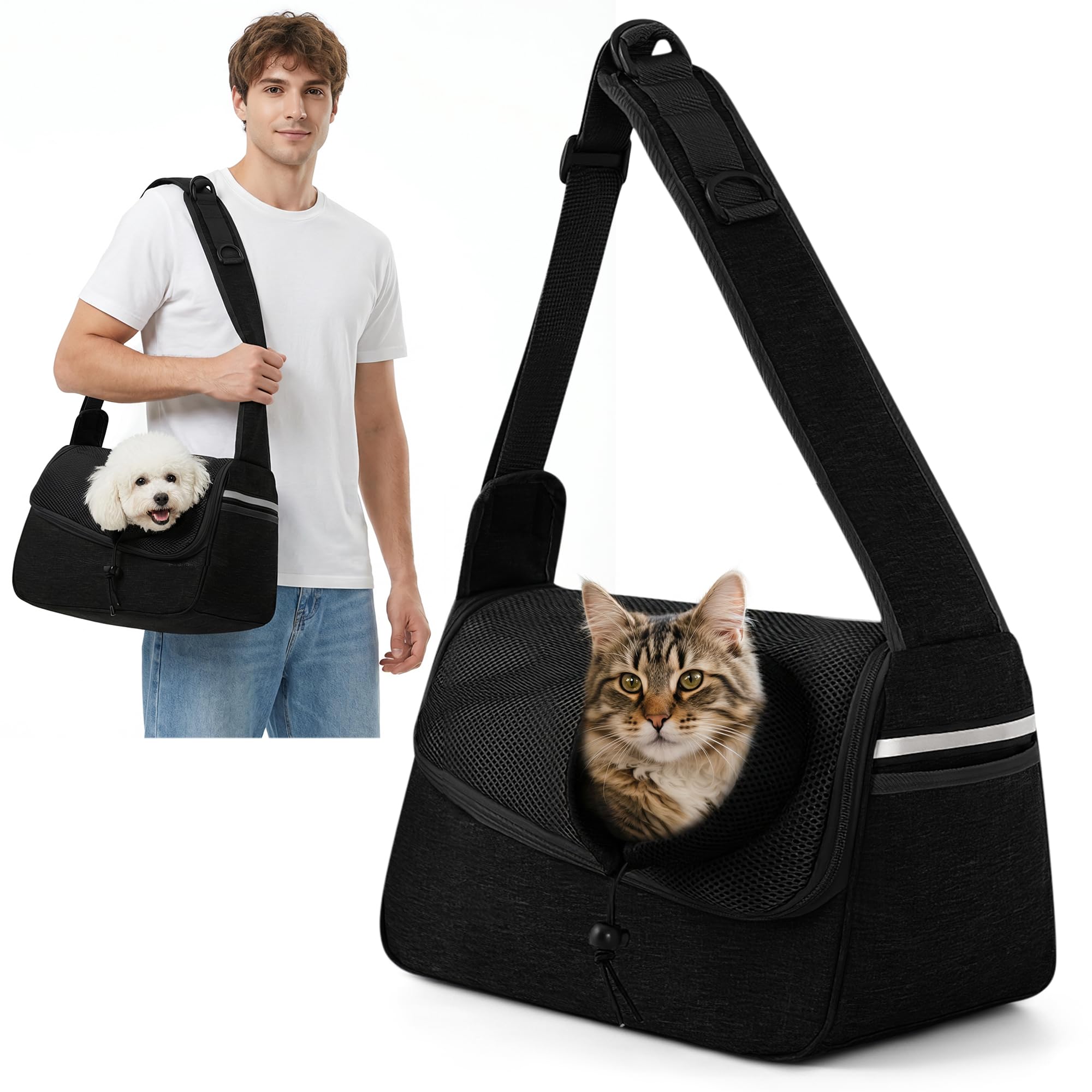 ALLSOPETS Dog Sling Carrier for Small Dogs Cats โ Breathable Puppy Sling, Adjustable Shoulder Strap with Side Pocket, Travel Cat Carrier for Outdoor Camping (Carbon Black)