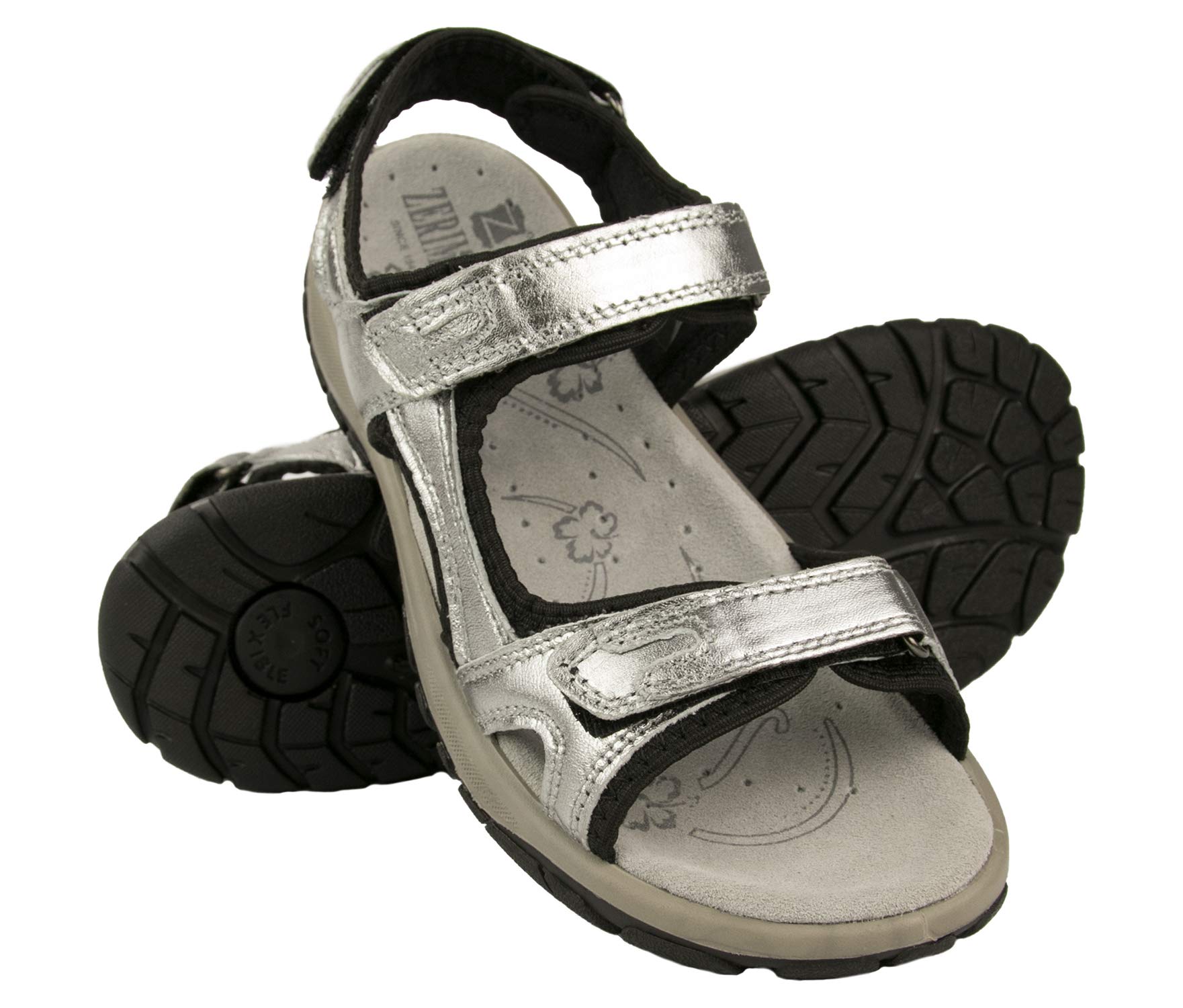 Zerimar Sandalia de Trekking para Mujer | Sandalias de Cuero Auténtico | Sandalias Deportivas Cómodas | Cierre Ajustable | Suela Antideslizante |Plata | Talla 37