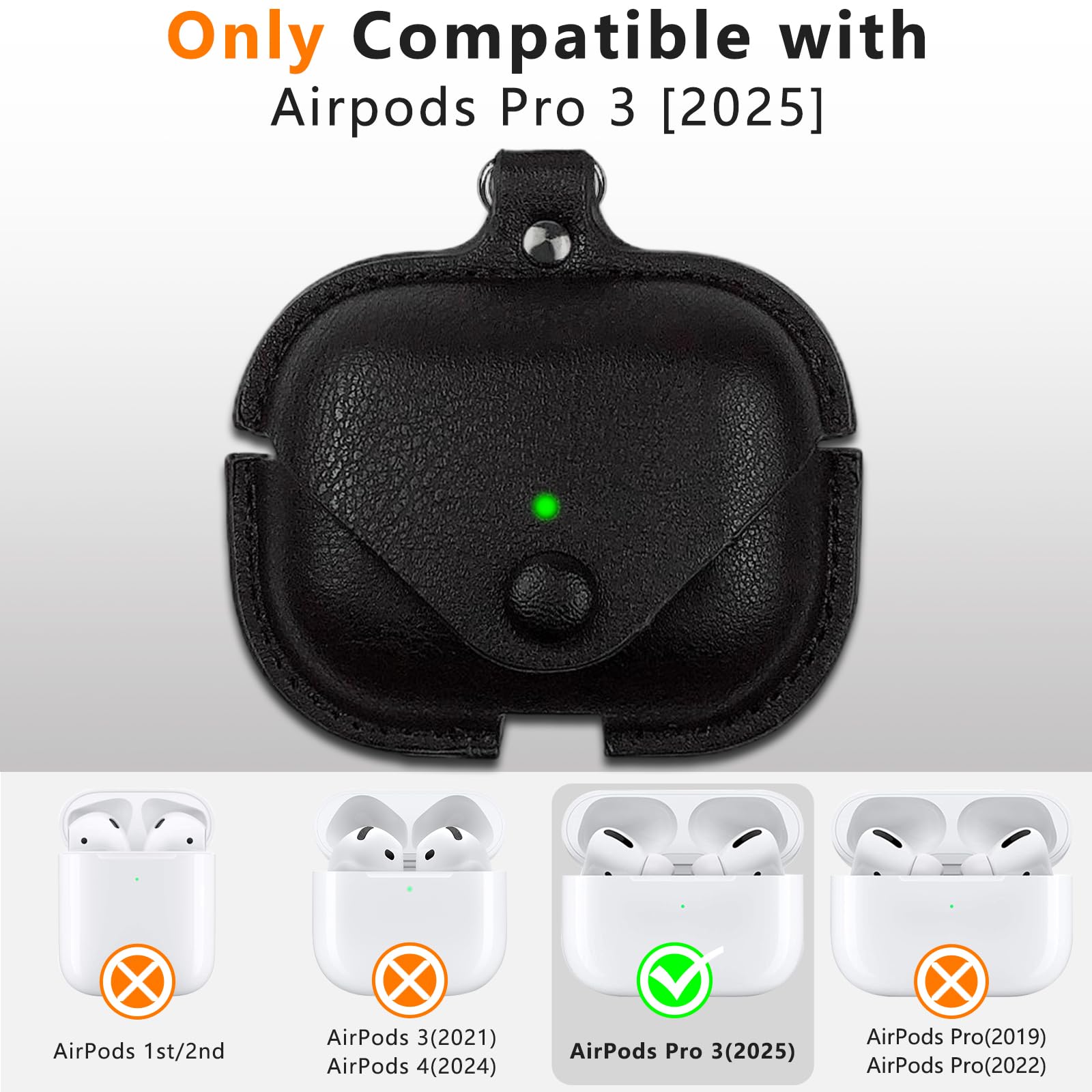 Funda de piel para Airpods Pro 3 con kit de limpieza [LED frontal visible] Funda protectora para Apple AirPods Pro 3 (2025) funda de carga inalámbrica a prueba de golpes con llavero y cierre