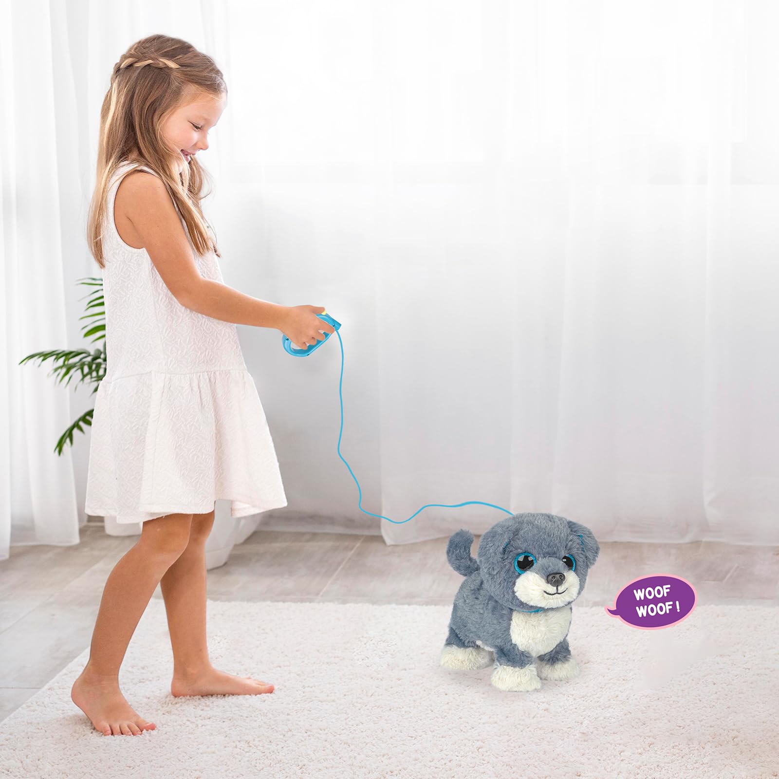YH YUHUNG Interaktiver Hund mit Leine Grau, Schnauzer Welpe Spielzeug, Läuft & Bellt per Knopfdruck, Elektronischer Roboter Hund Plüschtier für Kinder 3+ (Grau/Blau)