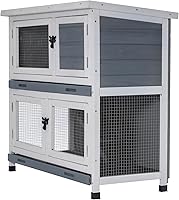 AMZOSS 2-Story Solid Wood Rabbit Hutch Bunny Cage - Indoor Outdoor Guinea Pig House with Removable Trays, Waterproof Roof, Ventilation (Grey)