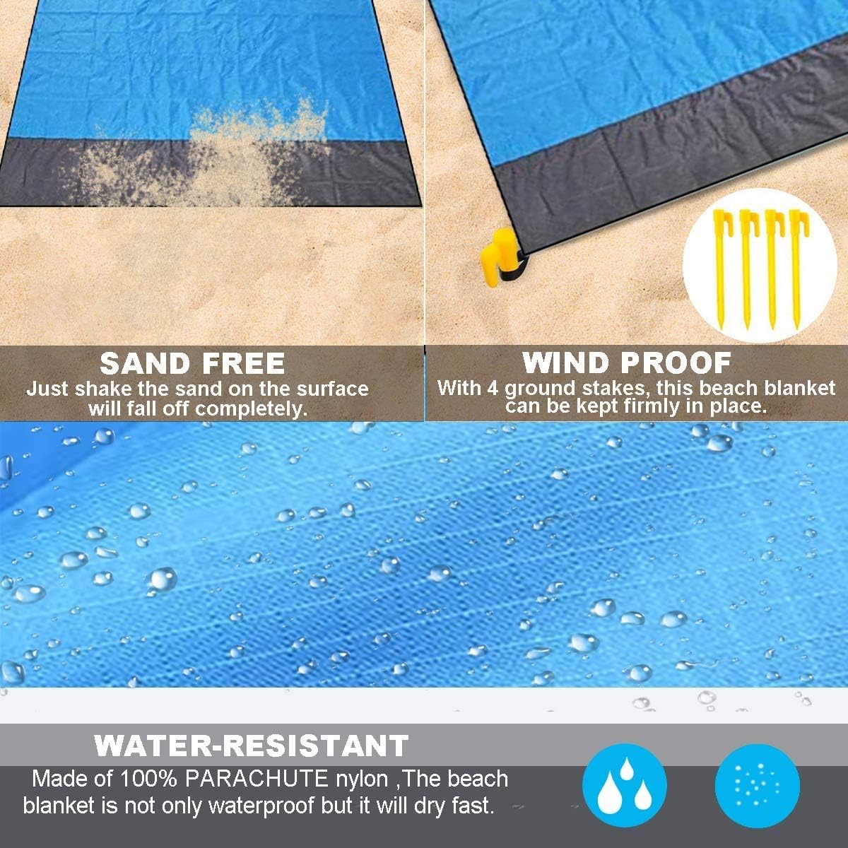 Mumu Sugar Sand Free Beach Blanket, 79''×83'' Extra Large Outdoor Picnic Blanket Waterproof Sand Proof Beach Mat for Travel, Camping, Hiking and Music Festivals (Gray-Blue-Gray)
