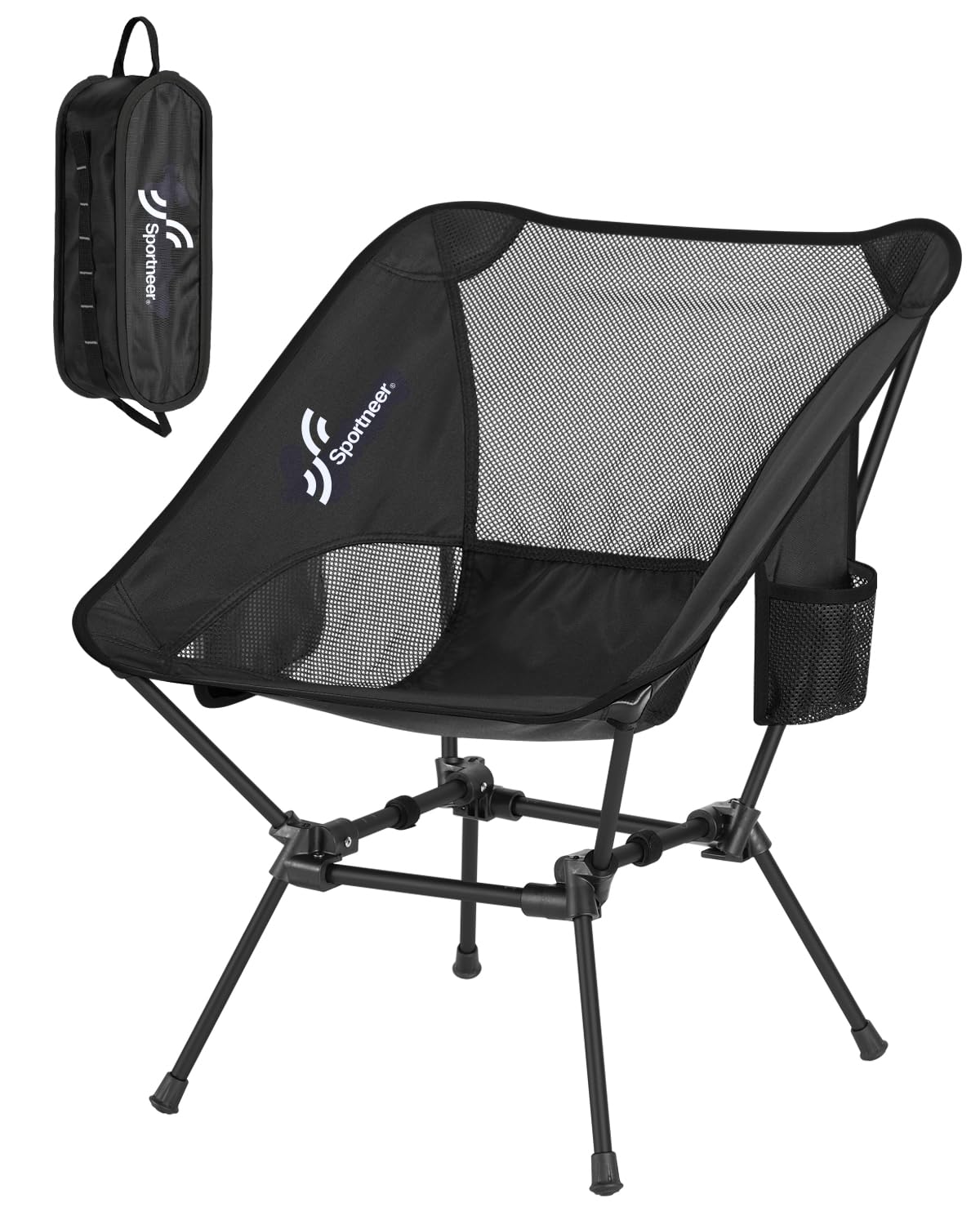 Sportneer Camping Chairs, Lightweight Outdoor Chairs with 2 Side Pockets & Storage Bag, Foldable & Portable Lawn Chairs for Camping Hiking Lawn Picnic Beach Outdoor Travel (1, Black)