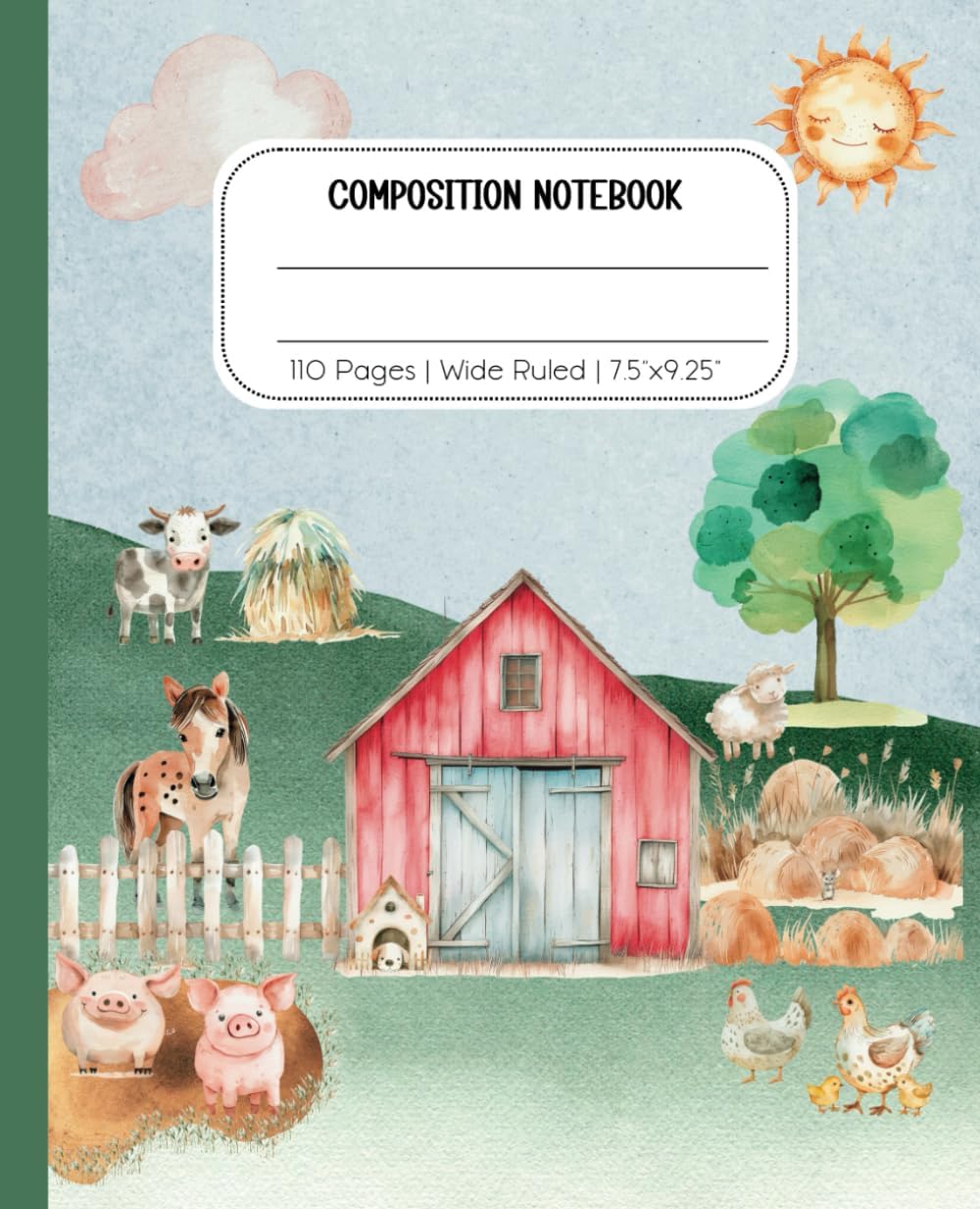 Cute Farm Animal Composition Notebook For Kids: Watercolor Farm Animal Journal For Kids | Wide Ruled, 110 Pages, 7.5 x 9.25