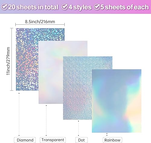 Vista 24 de Papel adhesivo holográfico transparente para impresora de inyección de tinta y láser, 20 hojas de vinilo imprimible, papel adhesivo holográfico, 20