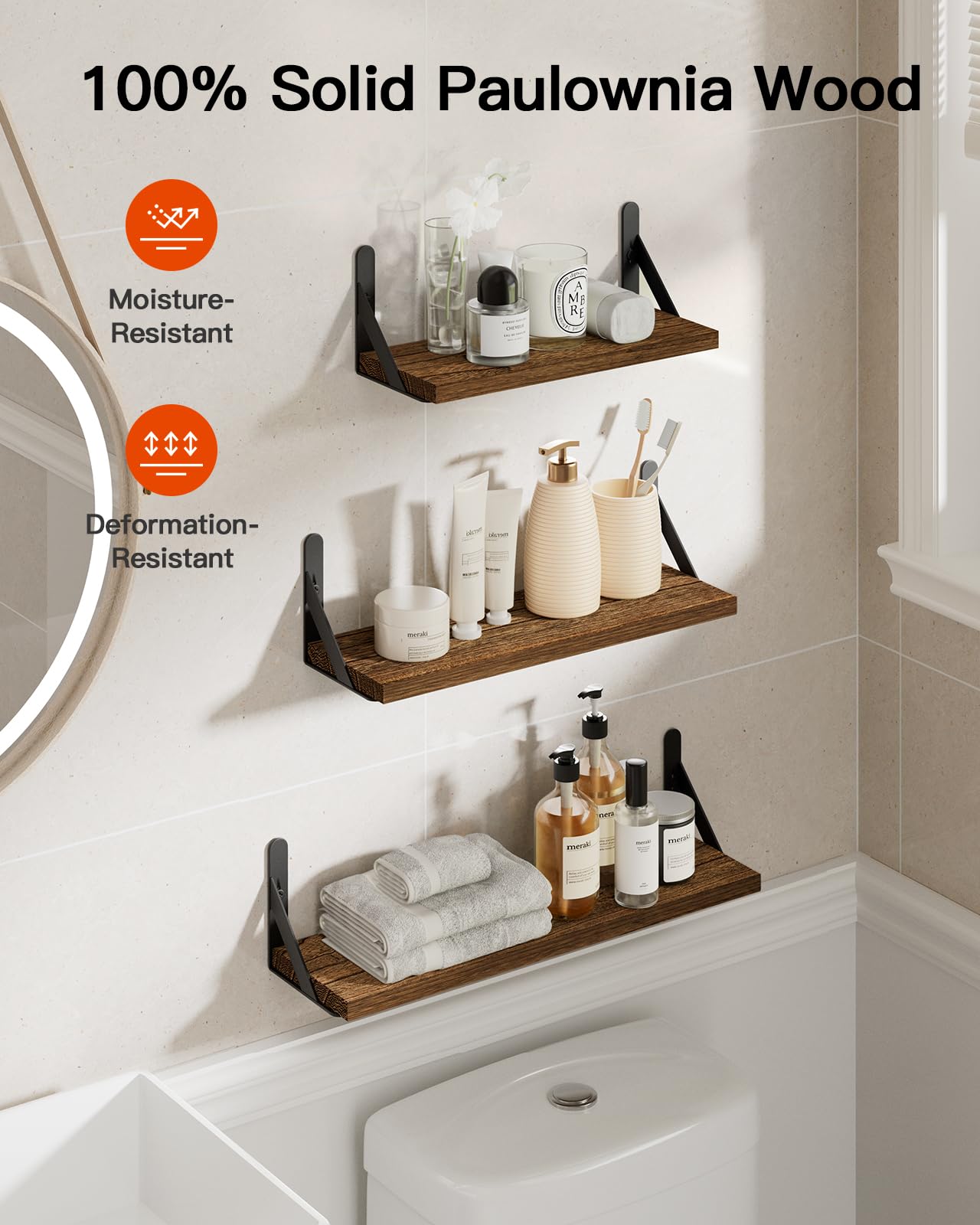 AMADA HOMEFURNISHING Wall Shelves Set of 6, Wood Floating Shelves for Wall Decor, Rustic Farmhouse Wall Shelves for Bedroom, Bathroom Shelves for Wall Storage, Book Shelves for Living Room