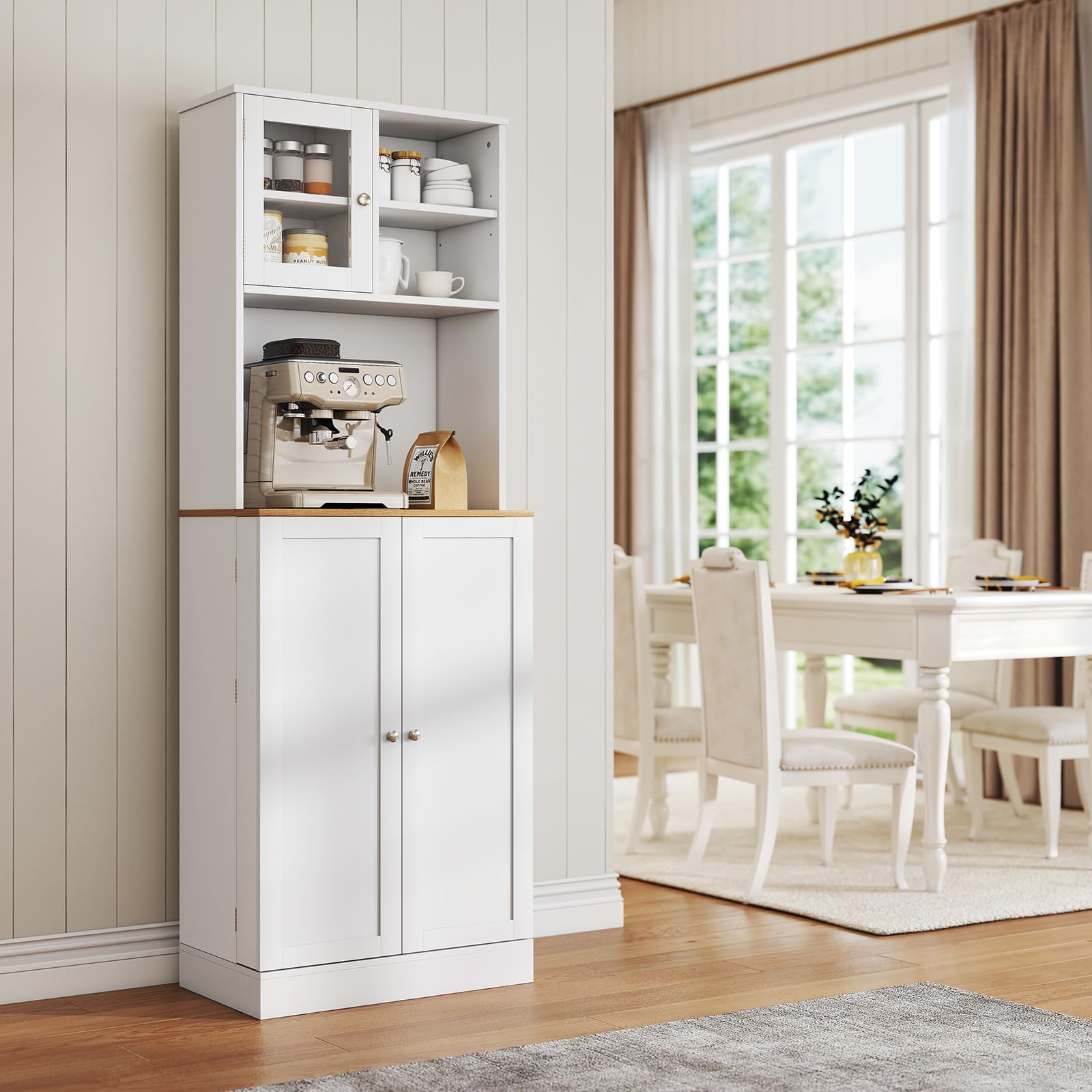KOMFOTTEU Hohe Küchenschrank 170 cm mit verstellbaren Regalen, Buffetschrank mit Kabellöchern, Tür aus gehärtetem Glas, Buffet für Wohnzimmer, Esszimmer, Mehrzweckschrank 60 x 35 x 170 cm, Weiß