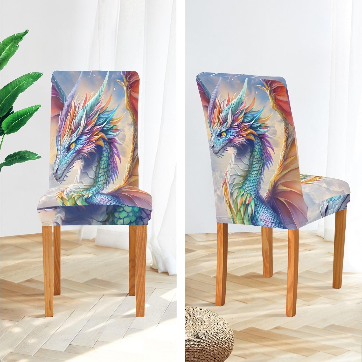 ALAZA Chair Covers for Dining Room, Rainbow Color Dragon Stretch Chair Cover Sets Chair Protector Removable Washable for Ktichen Restaurant Hotel