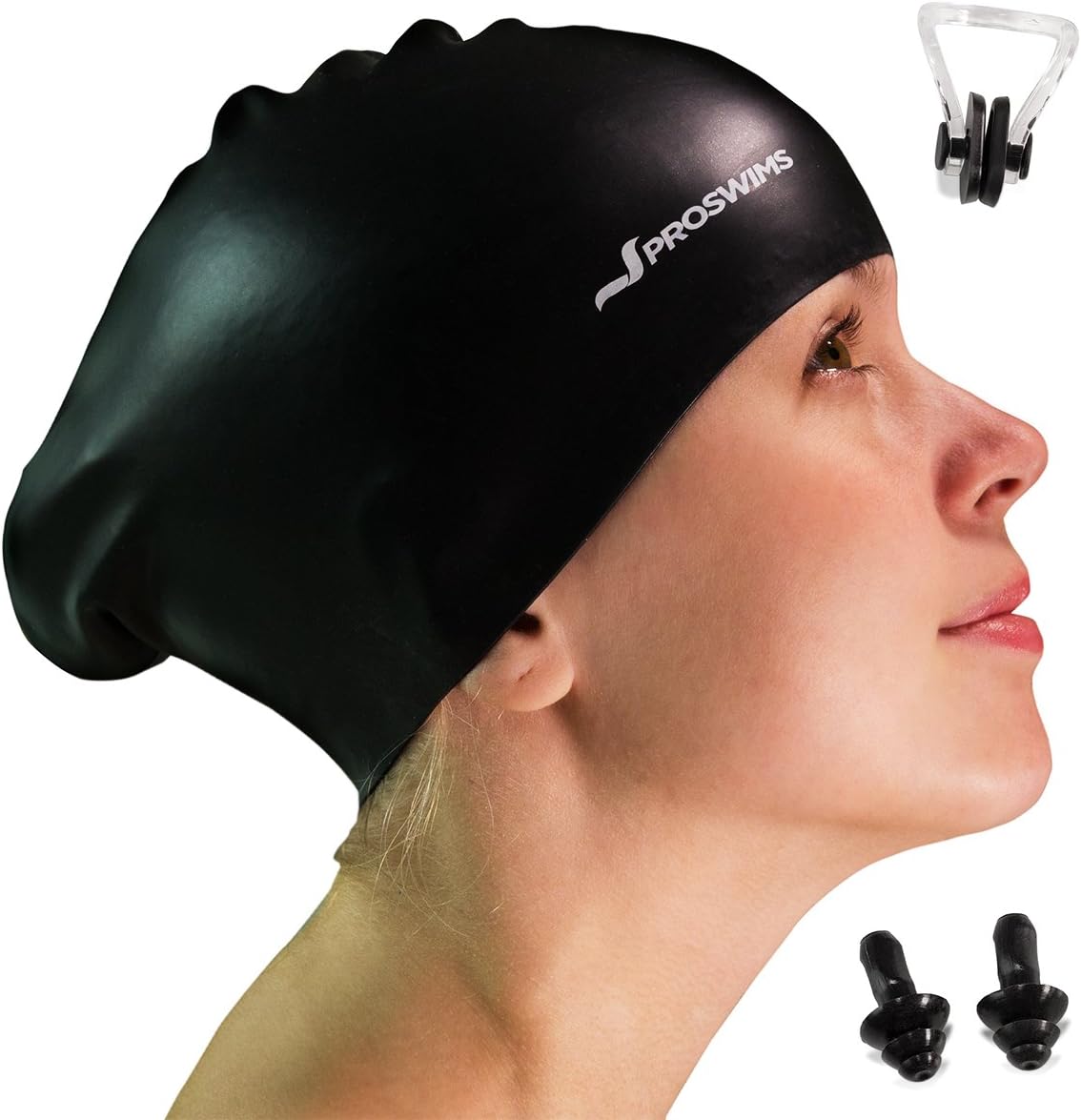 Proswims Extra-Large Silicone Swim Cap for Long Hair - Comfortable, Ergonomic Design Fits Women, Men and Kids with Thick, Curly or Short Hair - Odor and Allergy Free - Includes Nose Clip and Earplugs