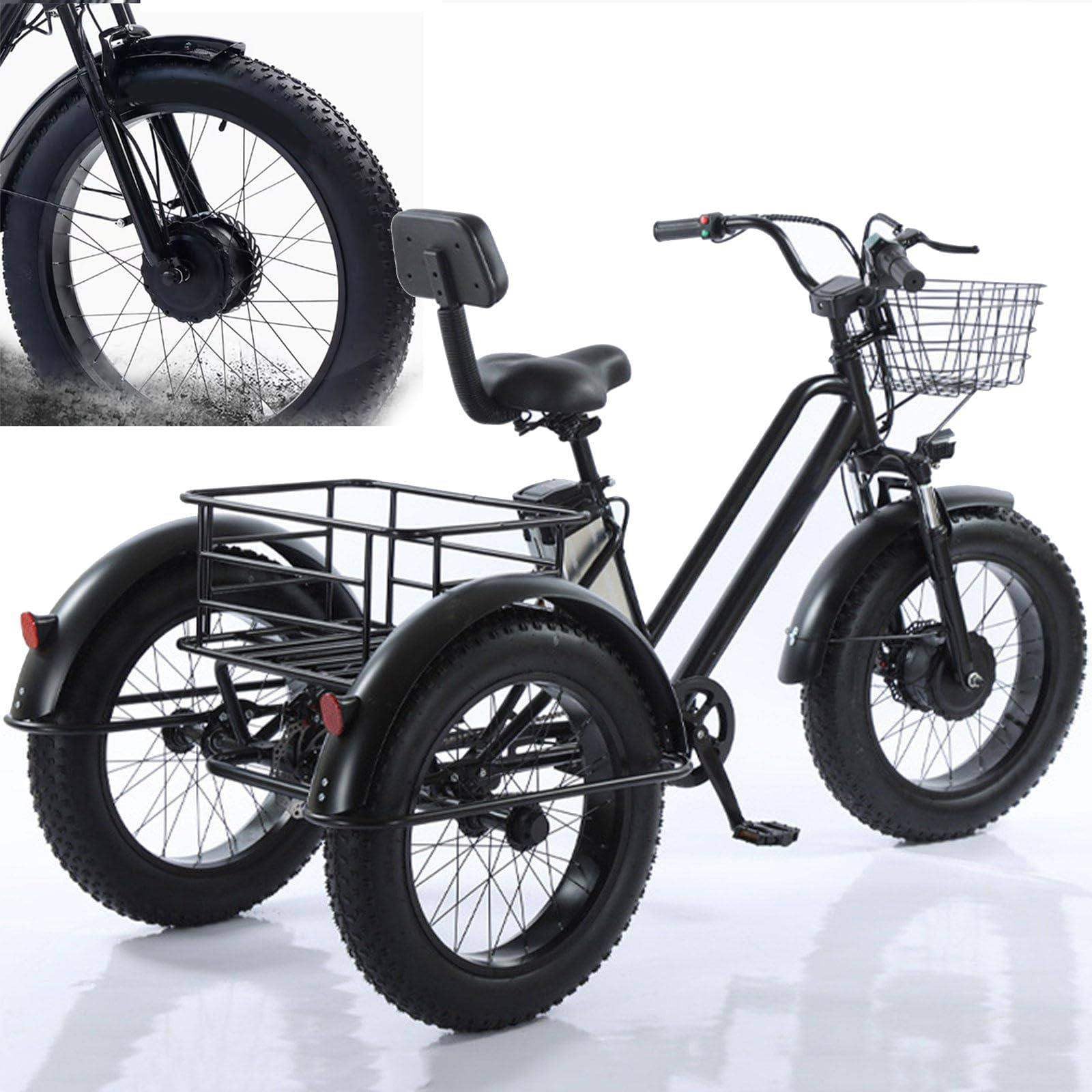 Tricycle électrique adulte à trois roues - Batterie amovible 48 V/12 Ah, vélo cargo électrique 20 pouces, pneus larges, autonomie de 35 km, idéal pour les courses et les pique-niques, charge maximal