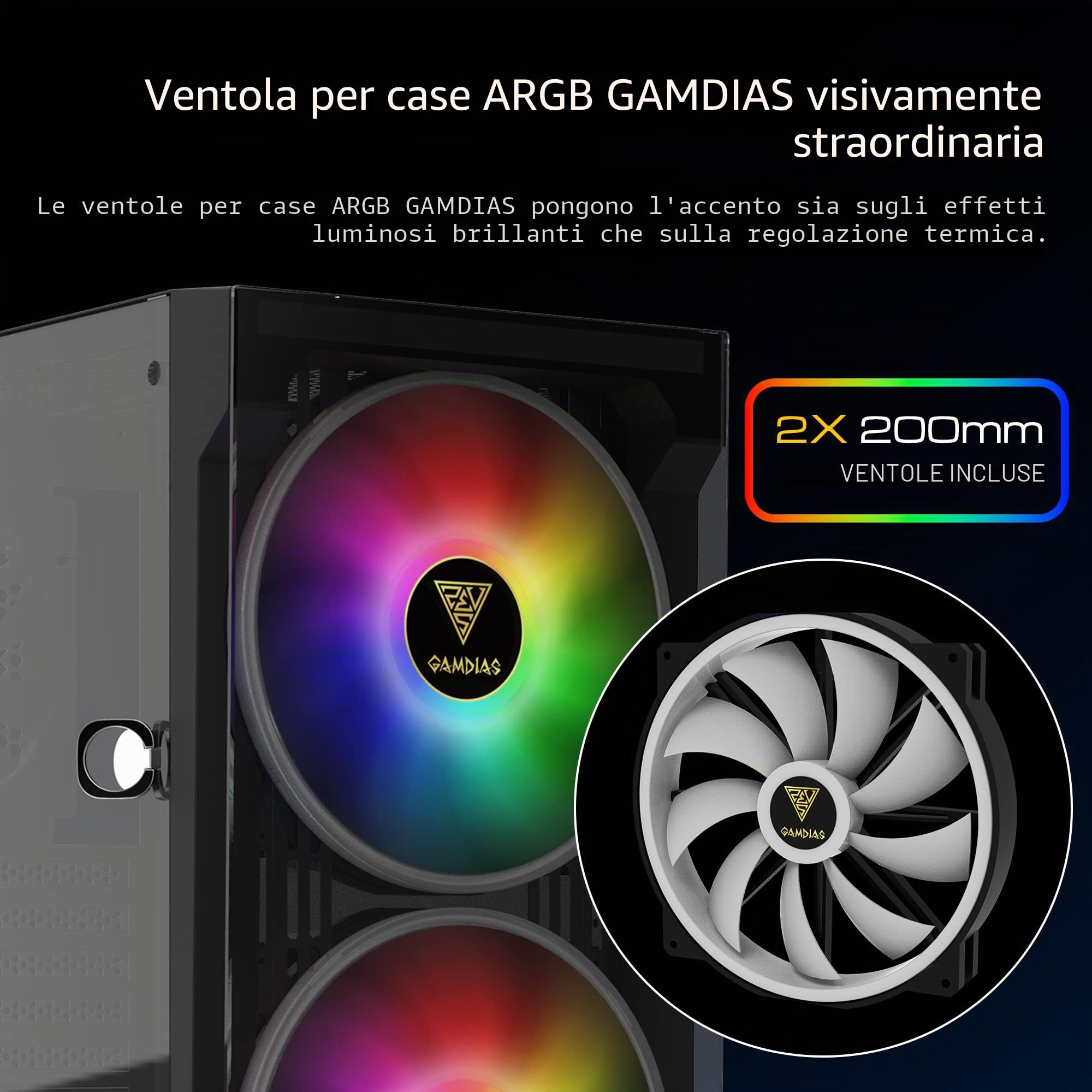 GAMDIAS APOLLO E2 Elite Gaming PC case, Mid-Tower ATX, pannello in vetro temperato, 3 doppie ventole ARGB integrate da 200 mm, finestra di installazione senza attrezzi, supporta schede madri fino a