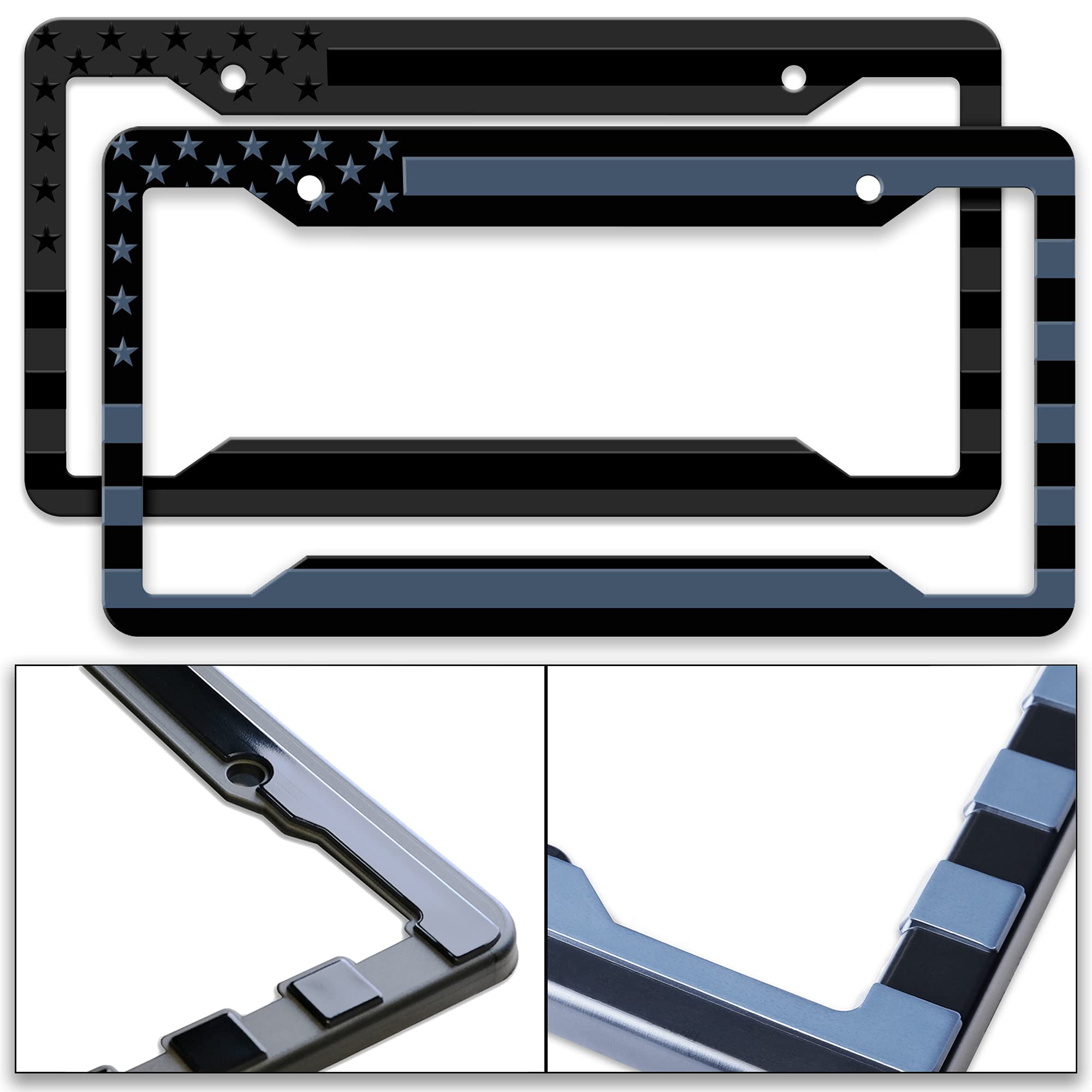 Patriotic American Flag License Plate Frame Bracket. 3D Embossed Set of Two. (Black on Black)
