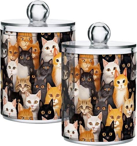 CHIFIGNO Cute Small Cats Qtip Holder Dispenser Set of 2, Clear Plastic Apothecary Jars Bathroom Canister Storage Organization for Cotton Pads,