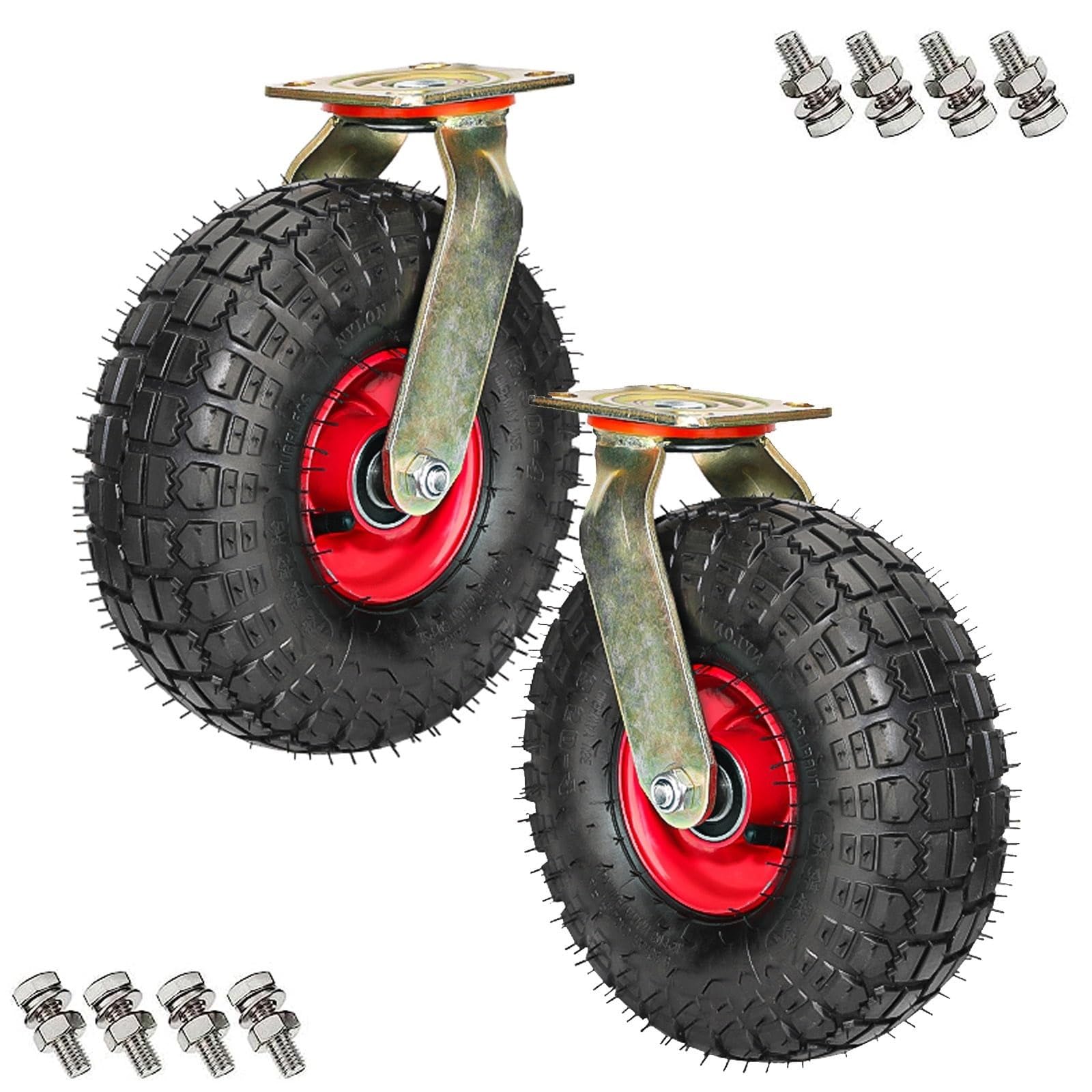 ZGUOUZANTYE 2 Industrial Swivel Casters Rubber Trolley Wheels Large Flat Pneumatic Caster With Screws Shock Absorption No Noise(Swivel,200mm/8in)