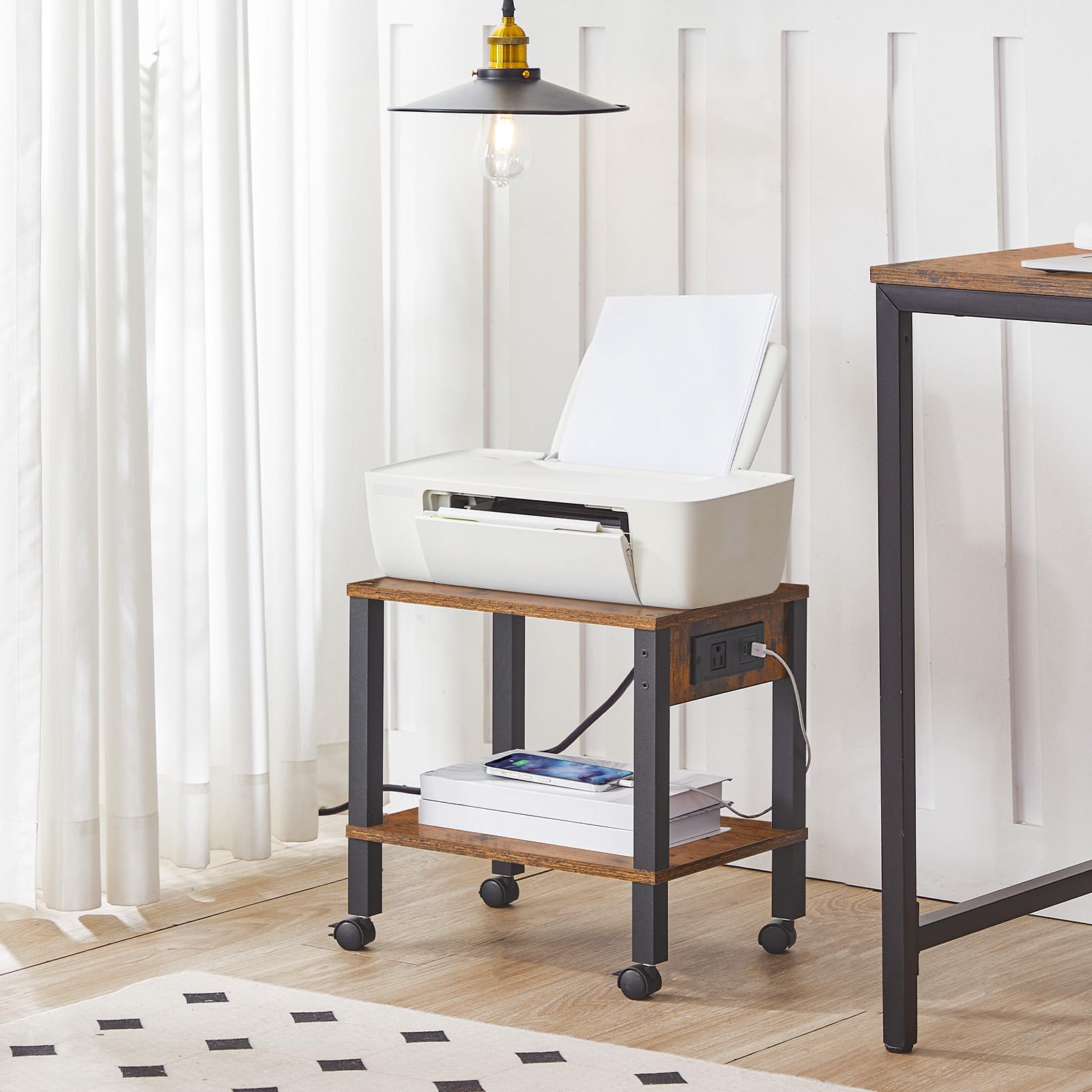 HOOBRO 2-Tier Printer Stand with Charging Station Under Desk Printer Table Printer Cart with Storage Shelves Shelf for — view 8