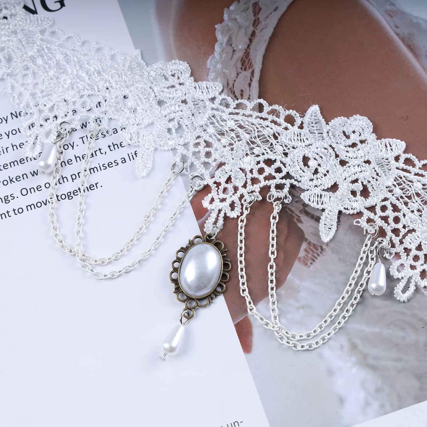 Punk White Lace Choker Necklace Steampunk Lace Necklace Pearl Chain Tassel Necklaces Bridal Pearl Necklaces Halloween Choker Jewelry for Women - Image 4
