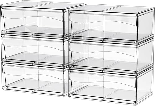 Miniatura 9 de Paquete de 6 cajones de almacenamiento apilables transparentes, organizador de maquillaje de baño grande de 12 pulgadas de ancho y bolígrafo, lentes