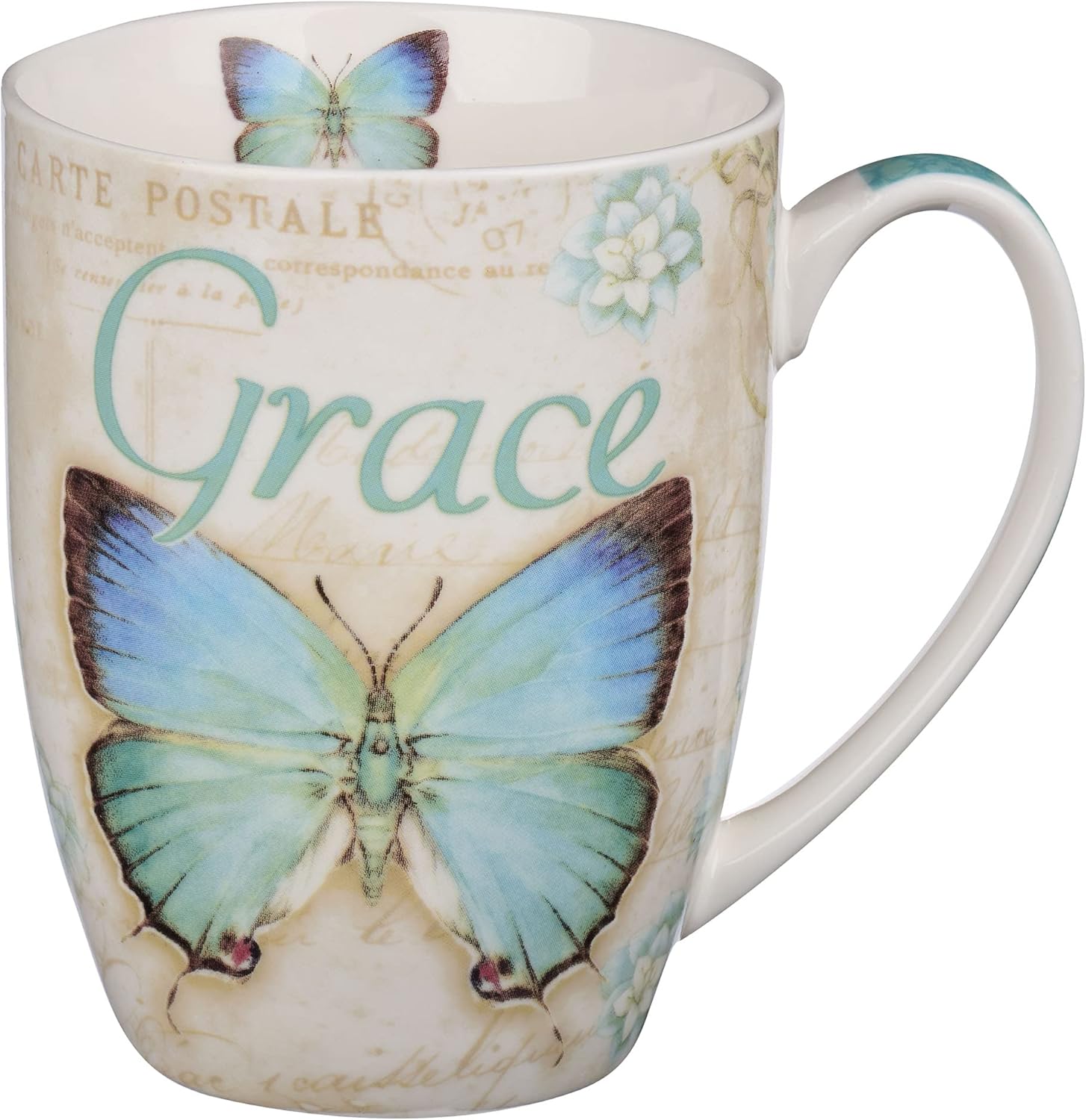 TOP оƒƒERS Amazing Grace Butterfly Mug – Botanic Teal and Blue Butterfly Coffee Mug w/ Ephesians 2:8, Bible Verse Mug for Women and Men – Inspirational Coffee Cup and Christian Gifts (12-ounce Ceramic Cup)