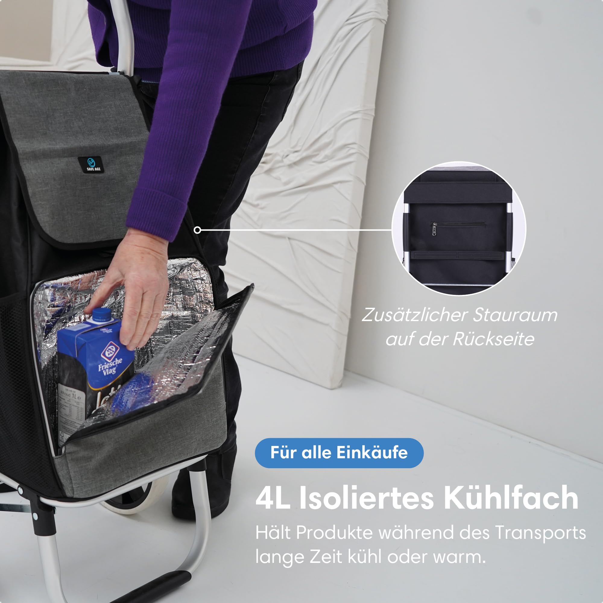 Safe Age® Einkaufstrolley mit Kühlfach und Sackkarren-Funktion - Einkaufswagen - Trolli - Klappbar