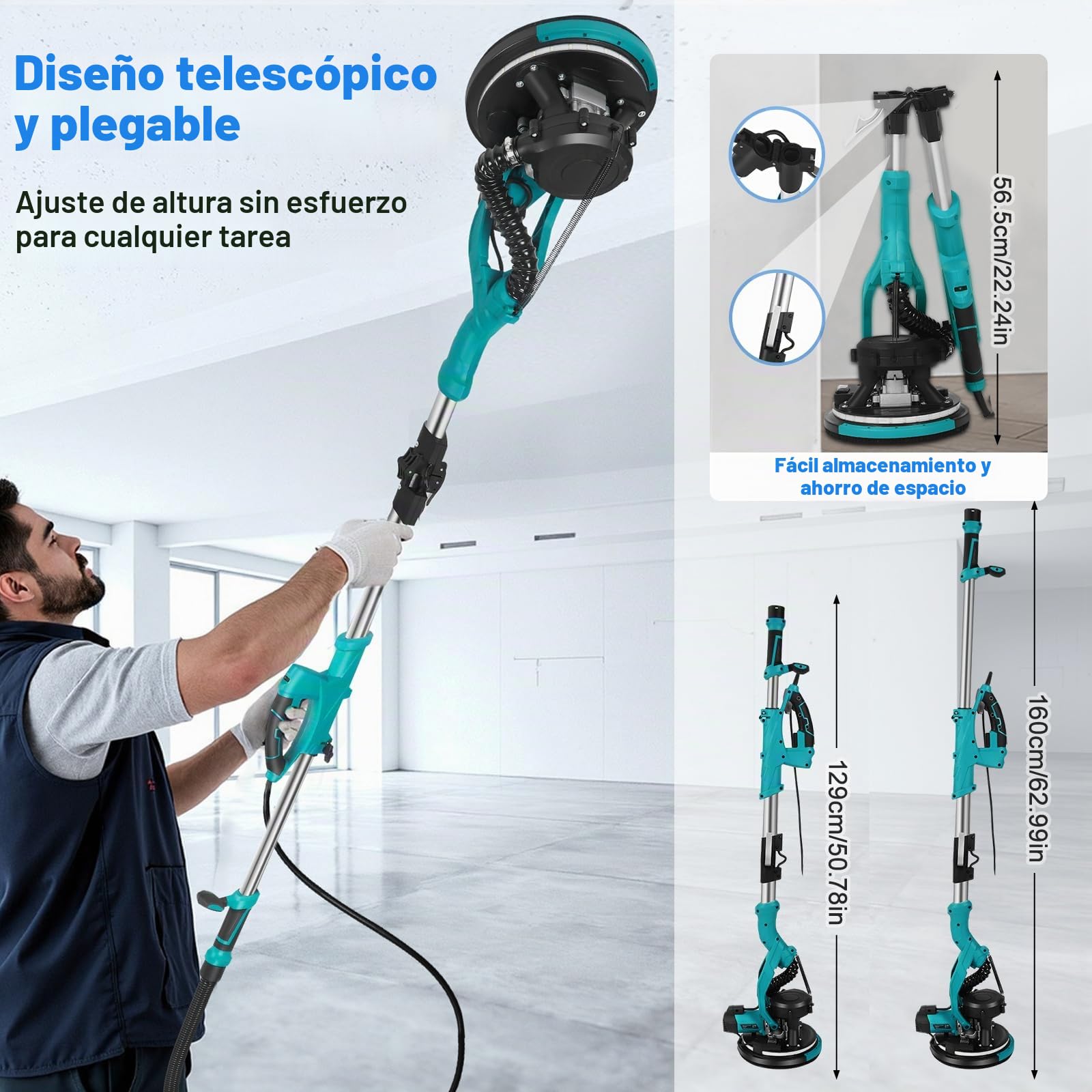 Lijadora para pared 850 W con jirafa telescópica, 5 velocidades ajustables (800-2100 rpm), cabezal de rectificado Ø 215 mm inclinable a 90° y luz LED