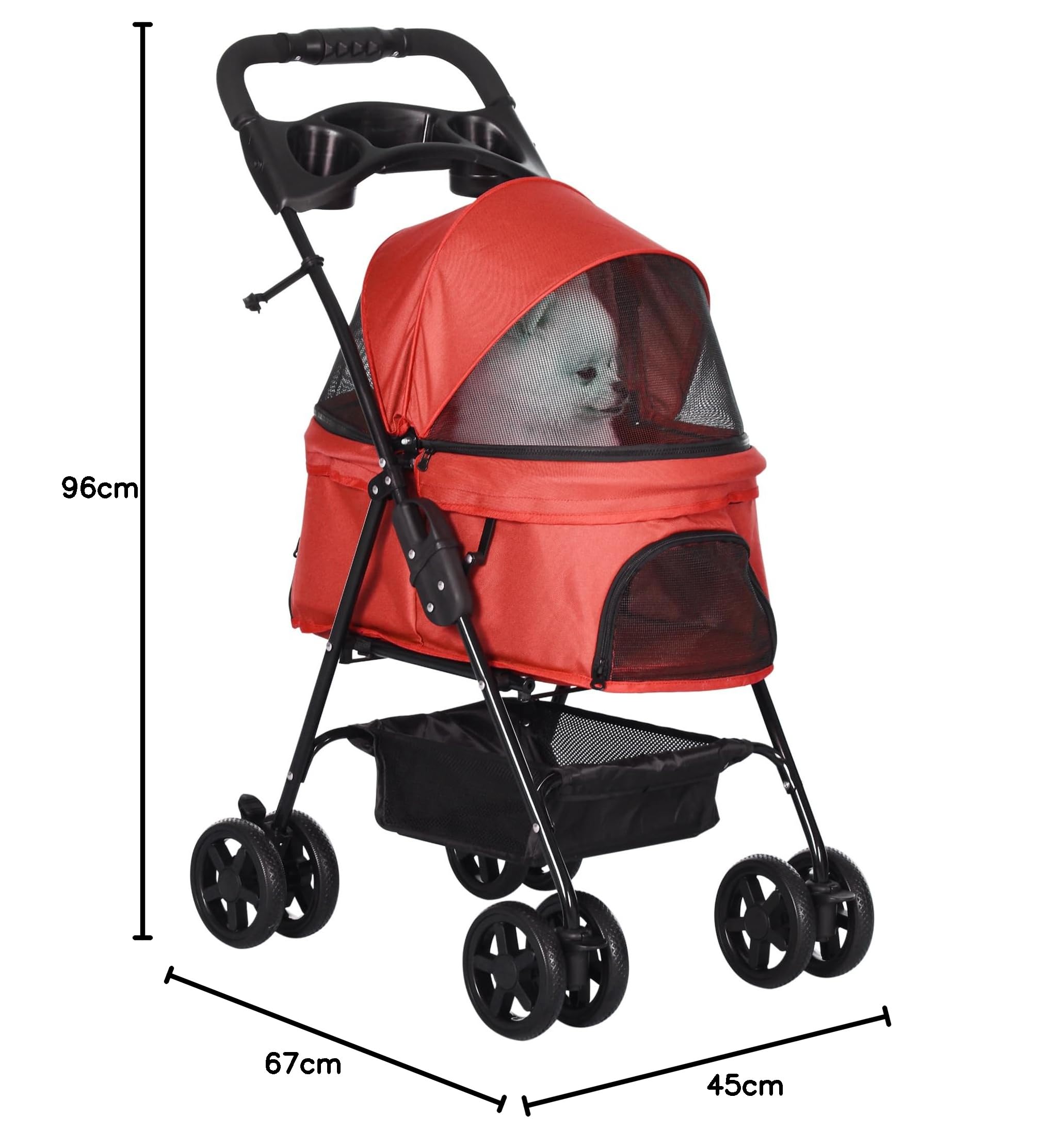 PawHut Poussette buggy pliable chien chat panier rangement porte-gobelets tissu 300D Oxford imperméable 4 roues rouge