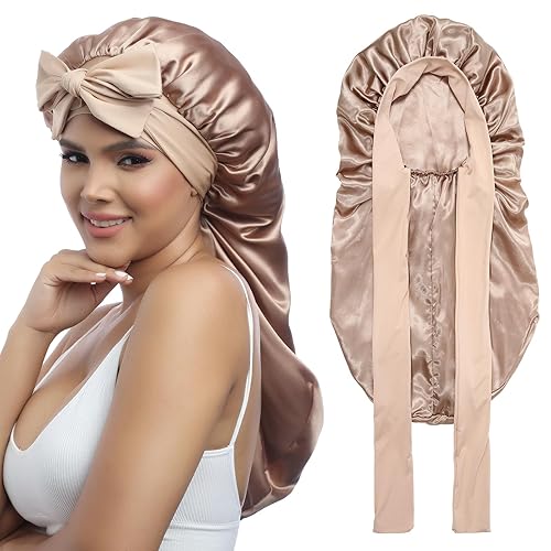 AWAYTR Gorro largo de satén para trenzas, gorro elástico de seda para dormir, banda de amarre elástica para mujeres (champán)
