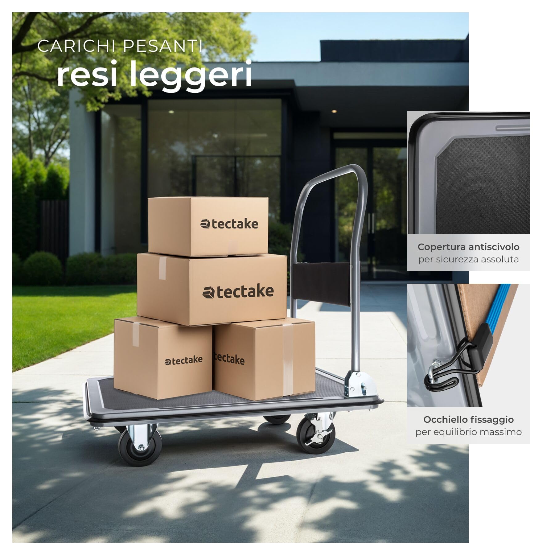 tectake® Carrello con ruote portatutto 73x47x83 cm Carrello Portapacchi Pieghevole Acciaio con Pianale Portapacchi, Carico Max 300kg, Maniglia, 2 Ruote Fisse 2 Ruote Girevoli, Ideale Magazzino - Nero