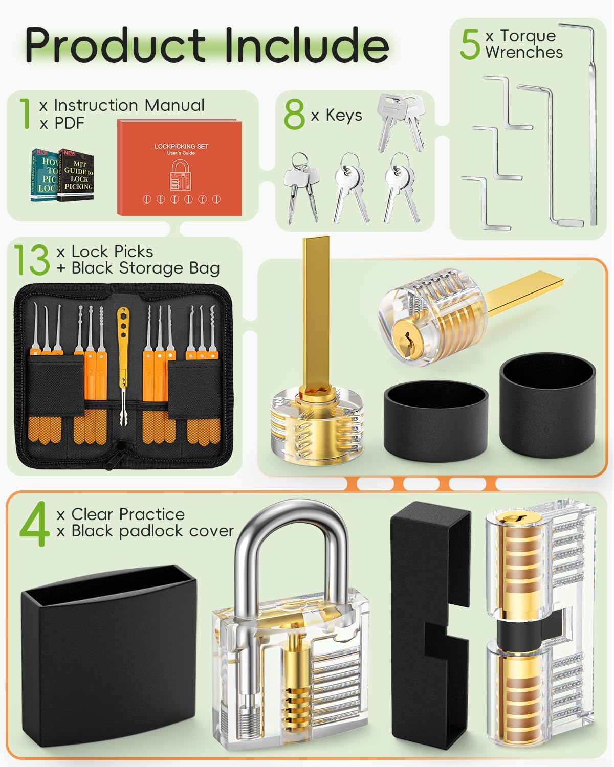 Eventronic Kit de Crochetage Serrure 36 Pièces, Kit De Lock Picking avec 4 Serrures, Outils D’ entraînement Transparents Cadenas avec Housse de Transport pour Serruriers Débutants et Professionnels