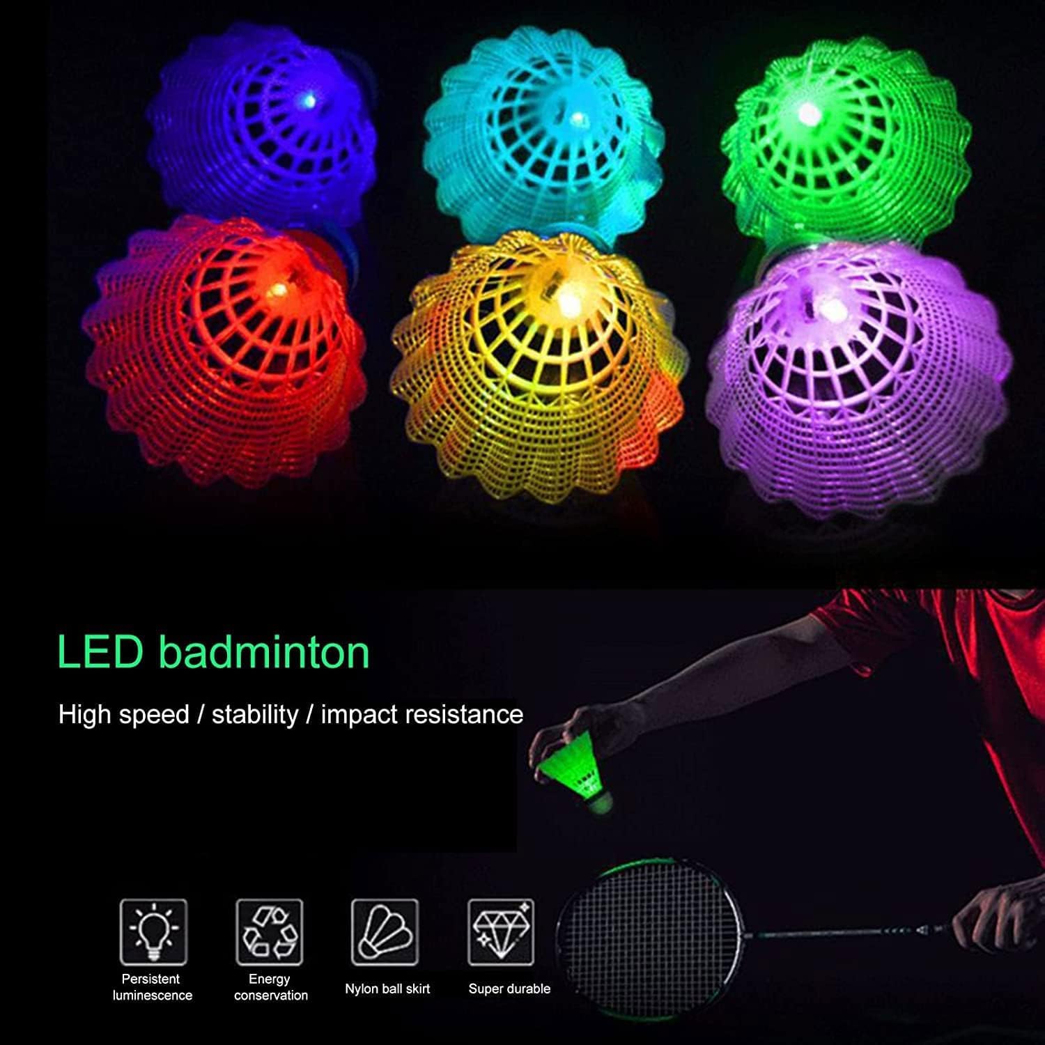 YeahBoom Palline da badminton a LED, in nylon, per sport, 6 pezzi, per attività sportive indoor/outdoor