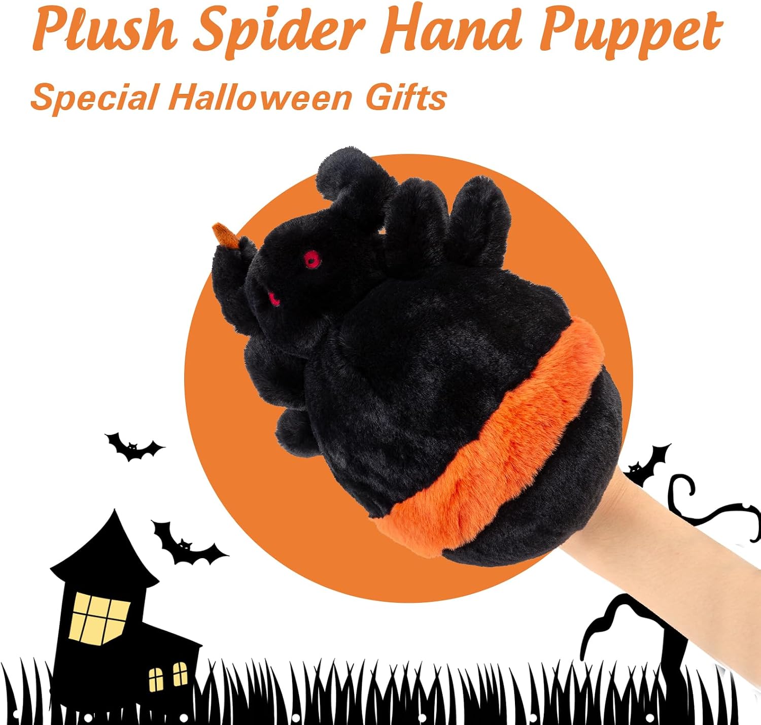 9.8“ Spider Stuffed Animal Halloween Stuffed Animal Hand-insertable Hand Puppet Plush Black Spider Toy Halloween Plush Toy Party Favors Gift for Girls & Boys