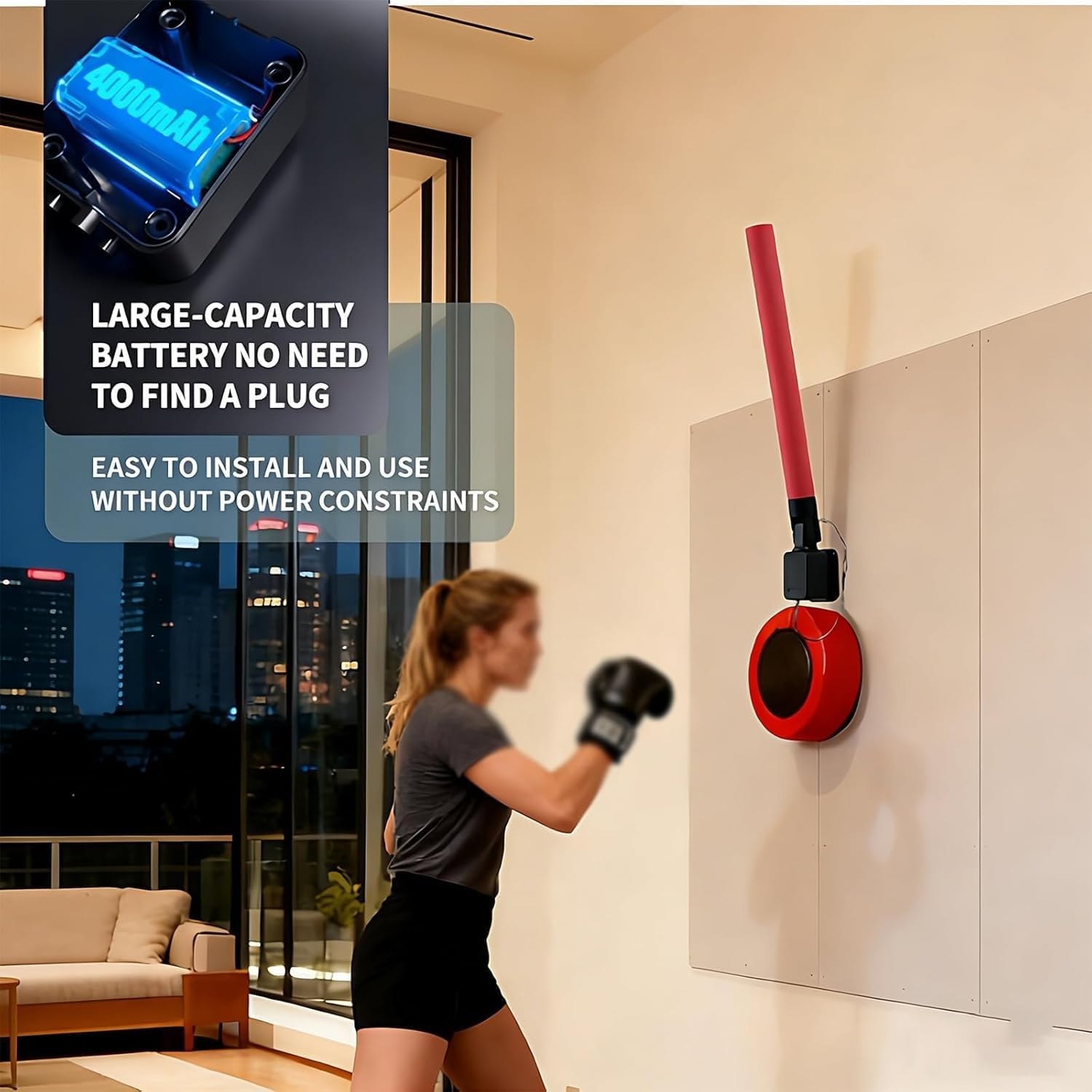 Boxing Reflex Stick Trainingsgerät, an der Wand montiertes Schlagziel mit Schlagmatte, Fernbedienung, Handschuhen & 4000mAh Akku, Einstellbarer Winkel/Höhe für Agilitätsverbesserung