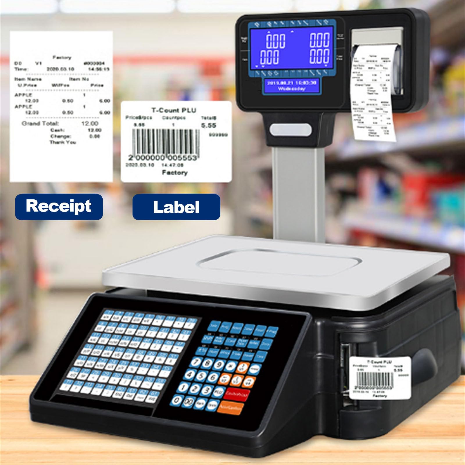 Digital Price Computing Scale, 2 Roll Label Thermal Printer, Label Printing Scale Bar with Vertical Bar, Double Sided LCD Display (C)