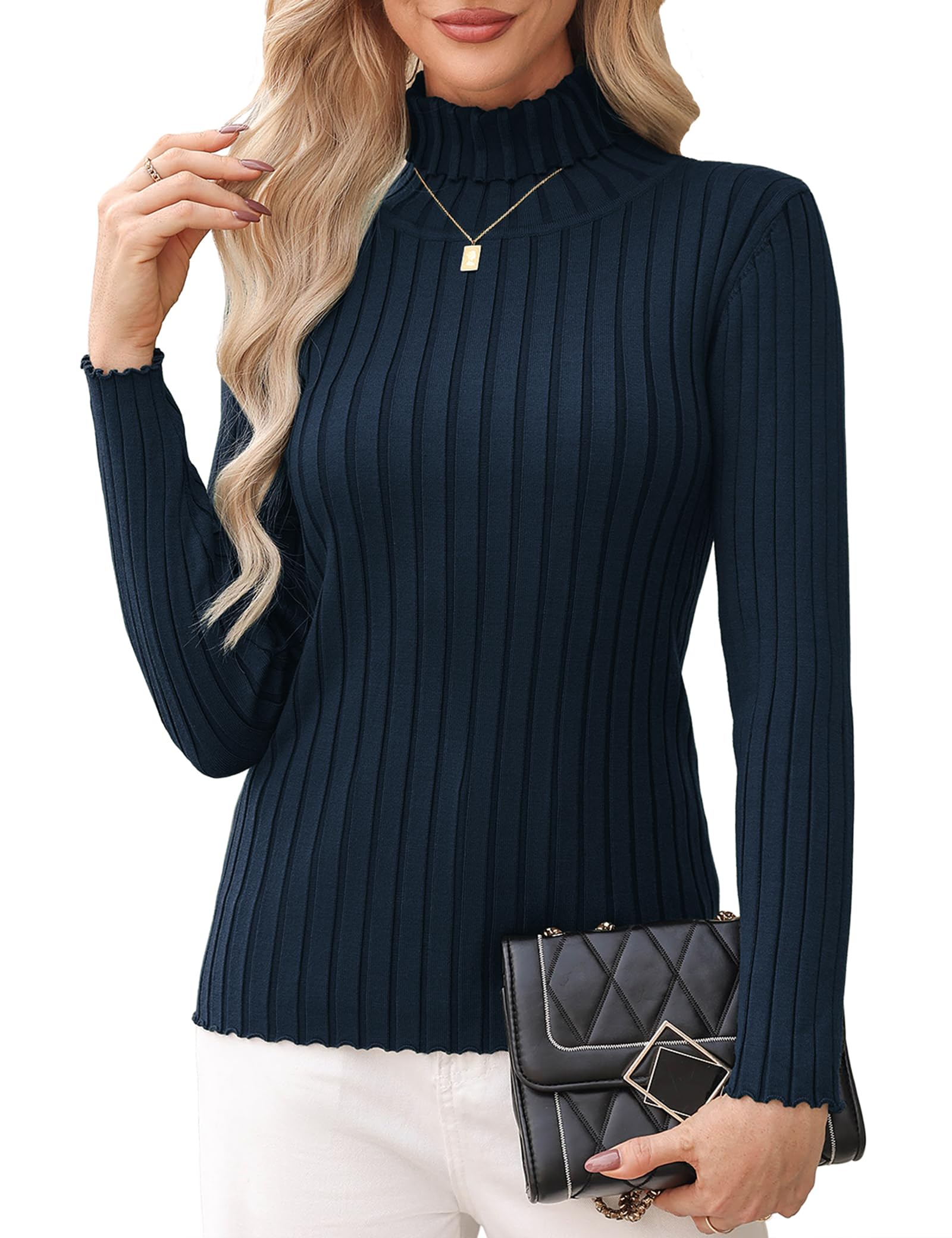 Aottori Ladies Polo Neck Jumpers Long Sleeve Turtle Neck Tops for Women Knitted Sweater Solid Winter Warm Pullover Tunic Navy S