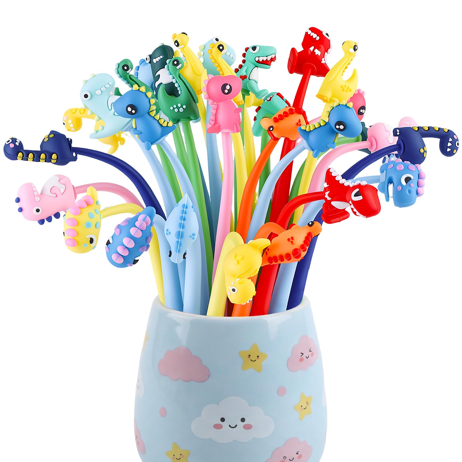 Yoosso 30Pcs Mini Dinosaur Shake Gel Pens, Novelty Wobble Head Fidget Pens, Multi Coloured Cute Dino Pens Party Bag Fillers for Student Gifts School Rewards