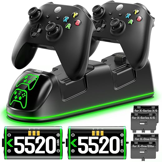 Controller Charger Station for Xbox Series/One-X/S/Elite with 2 x 4800 mWh (2000mAh) Rechargeable Battery Packs, Charging Station Dock Stand for Xbox Controller Battery with 4 Battery Covers