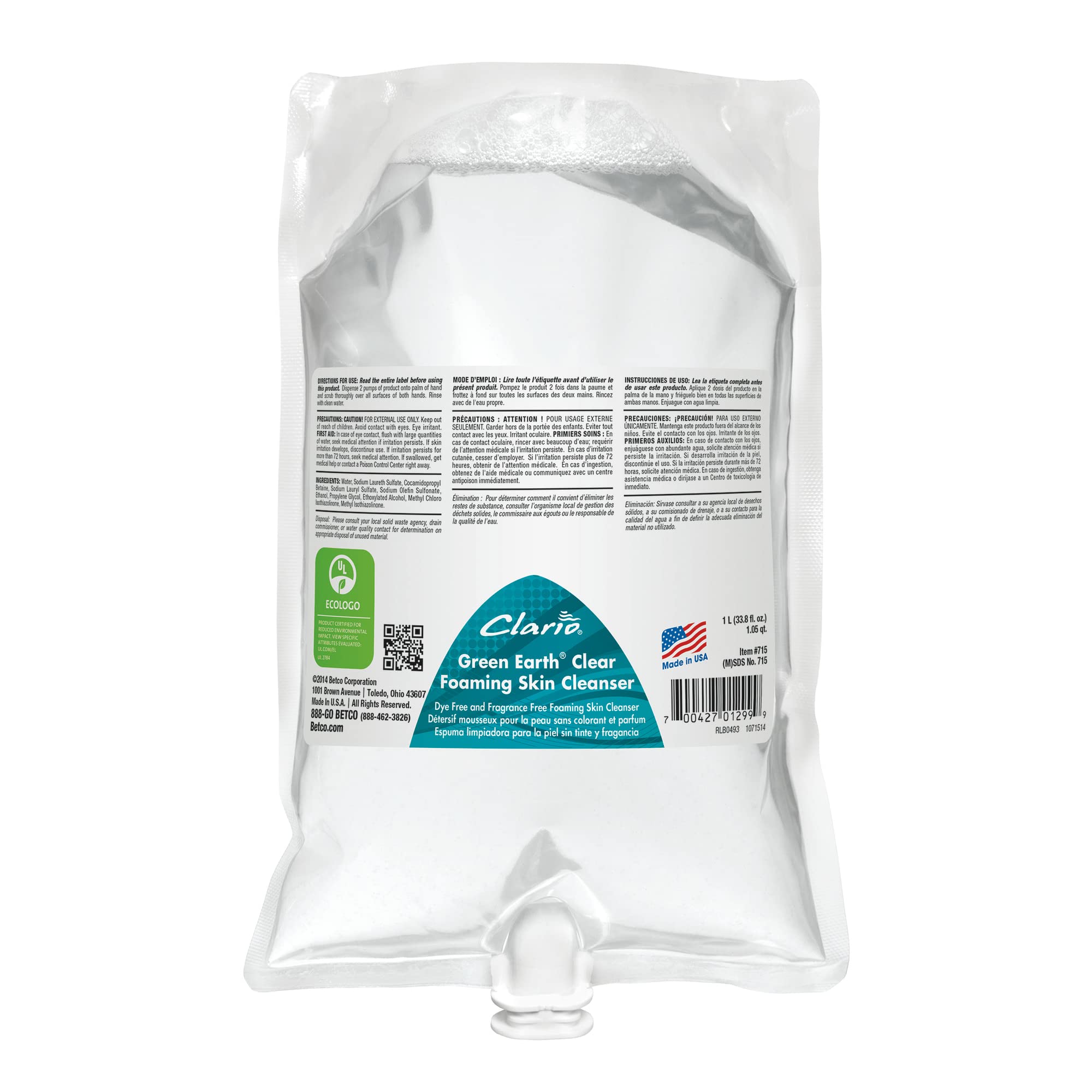 Betco® Clario® Clear Foaming Skin Cleanser, 1,000 mL, Case Of 6U.S. EPA Safer ChoiceECOLOGO