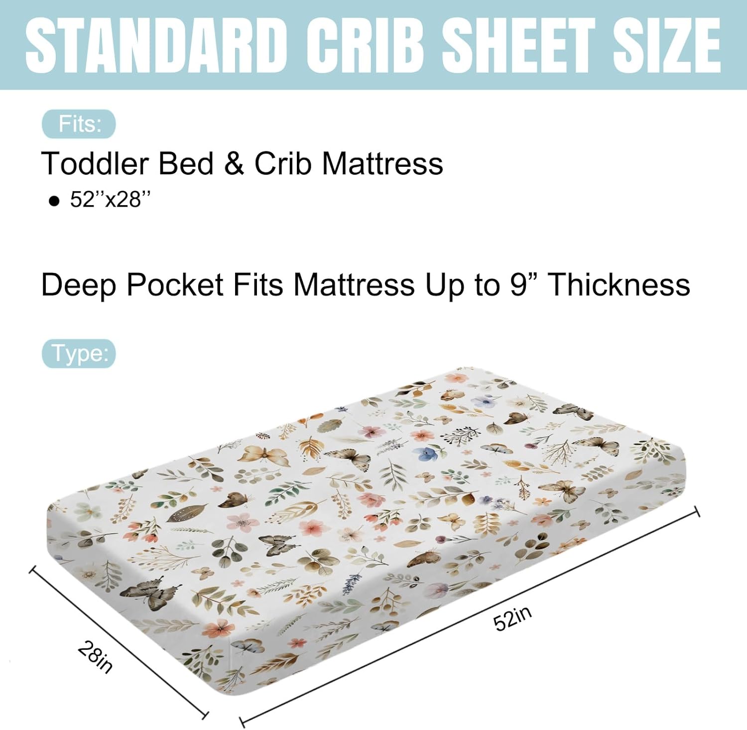 Retro Boho Floral Leaves Butterflies Baby Crib Sheet 52''x28'' Botanic Garden Spring Stretchy Fitted Crib Mattress Cover for Boy Girl Plants Soft Nursery Bed Sheet for Standard Crib & Toddler Mattress